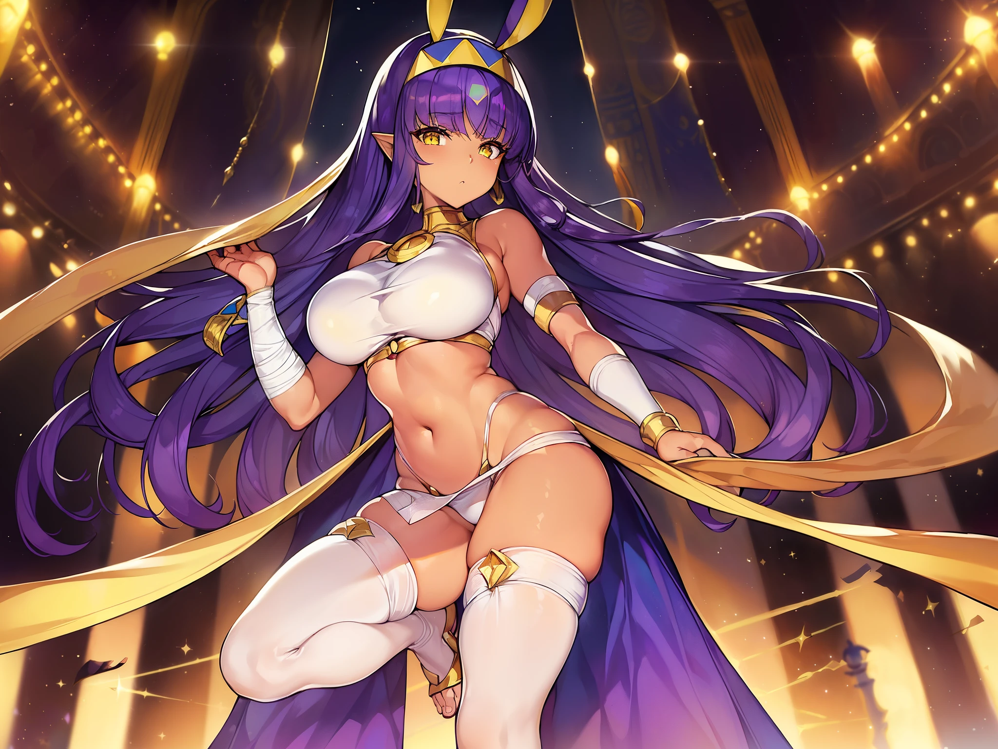 (masterpiece、highest quality:1.2)、solo、１people、Nitocris Alter、fgo、(stage 2、Luminous legs、bandage:1.4)、big tits milf、big tits milf、big tits milf、エジプトpeople、dark skin woman、egyptian clothing、yellow eyes、bangs、short hair、gray hair、jackel ears、facial pattern、