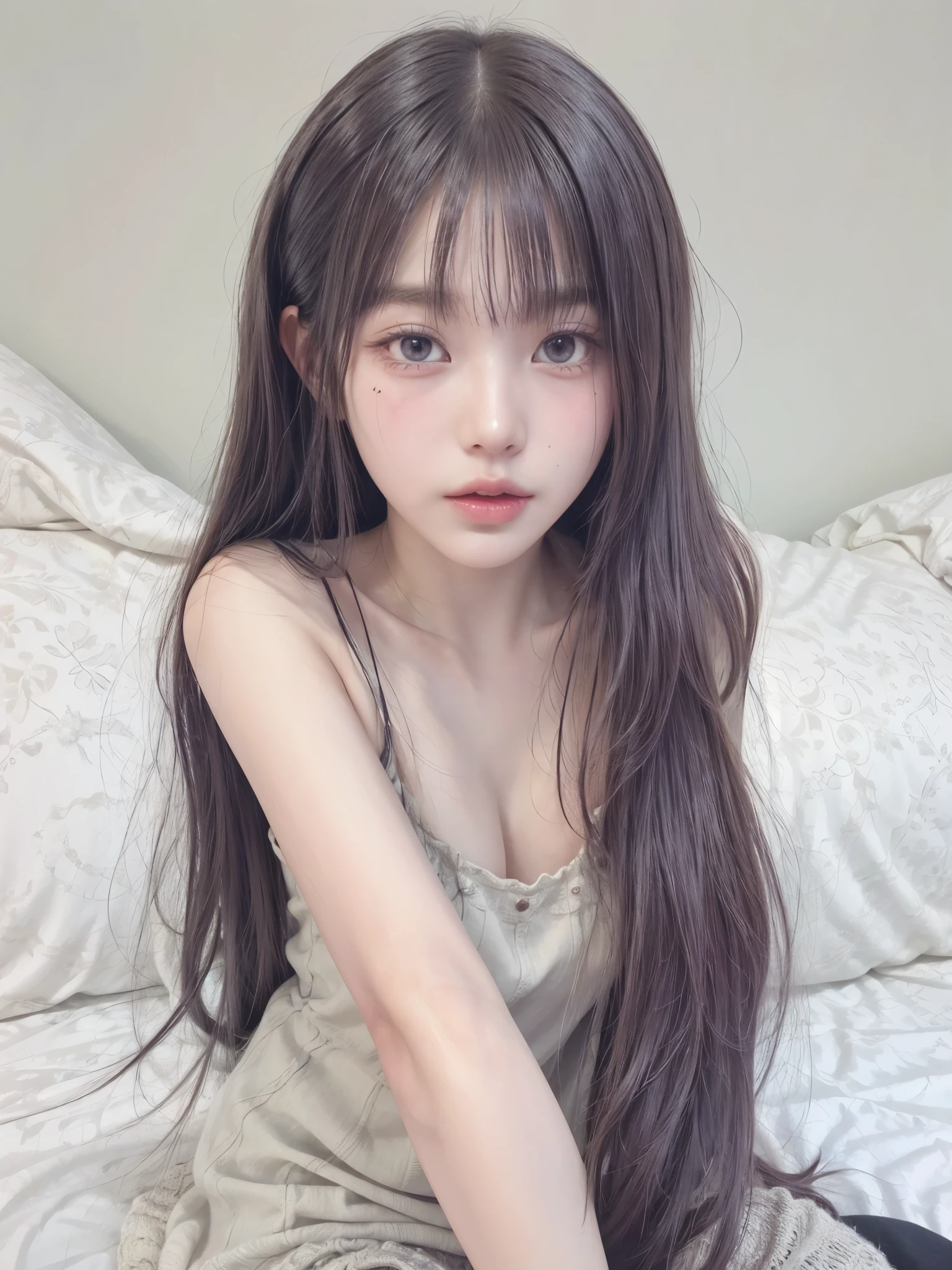 arafed asian woman with pelo largo morado sitting on a bed, pelo largo violeta, ulzzang, pelo largo morado, color de piel morado, con el pelo largo y blanco, cabello morado que fluye, pelo largo morado, sakimichan, pelo largo violeta, pelo largo de color violeta claro, peinado de corte hime blanco, piel suave y morada, con cabello largo, pelo morado largo y ondulado