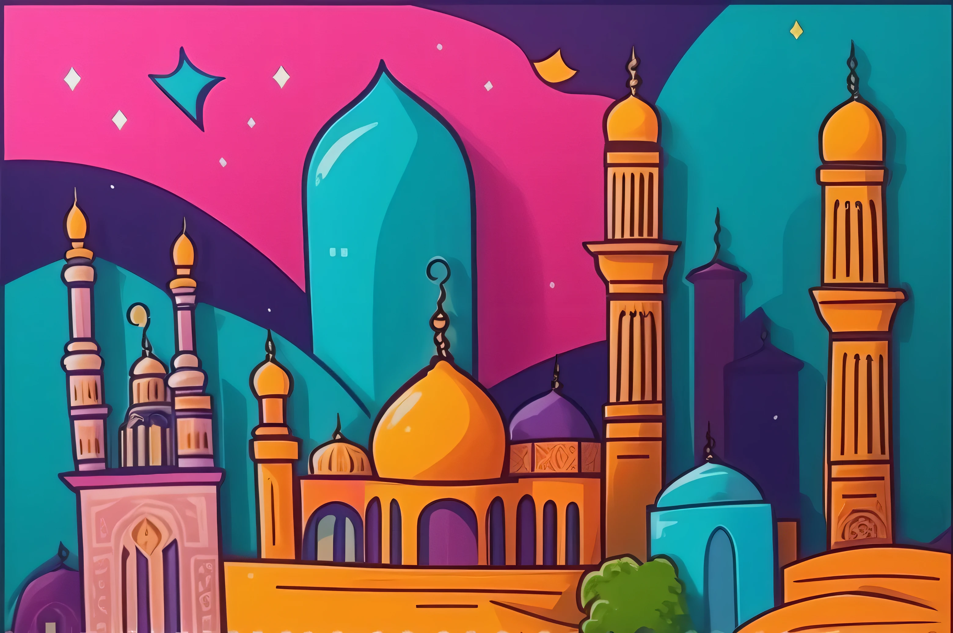 painting of a colorful mosque with a tree in the foreground, background artwork, holy city | illustration, temple background, colorful city, background art, arabian night, arabian art, arabian nights, mekka, colorful illustration, background, karachi skyline background, digital illustation, with beautiful mosques, detailed digital illustration, background depicting a temple, detailed vectorart, islamic, illustation