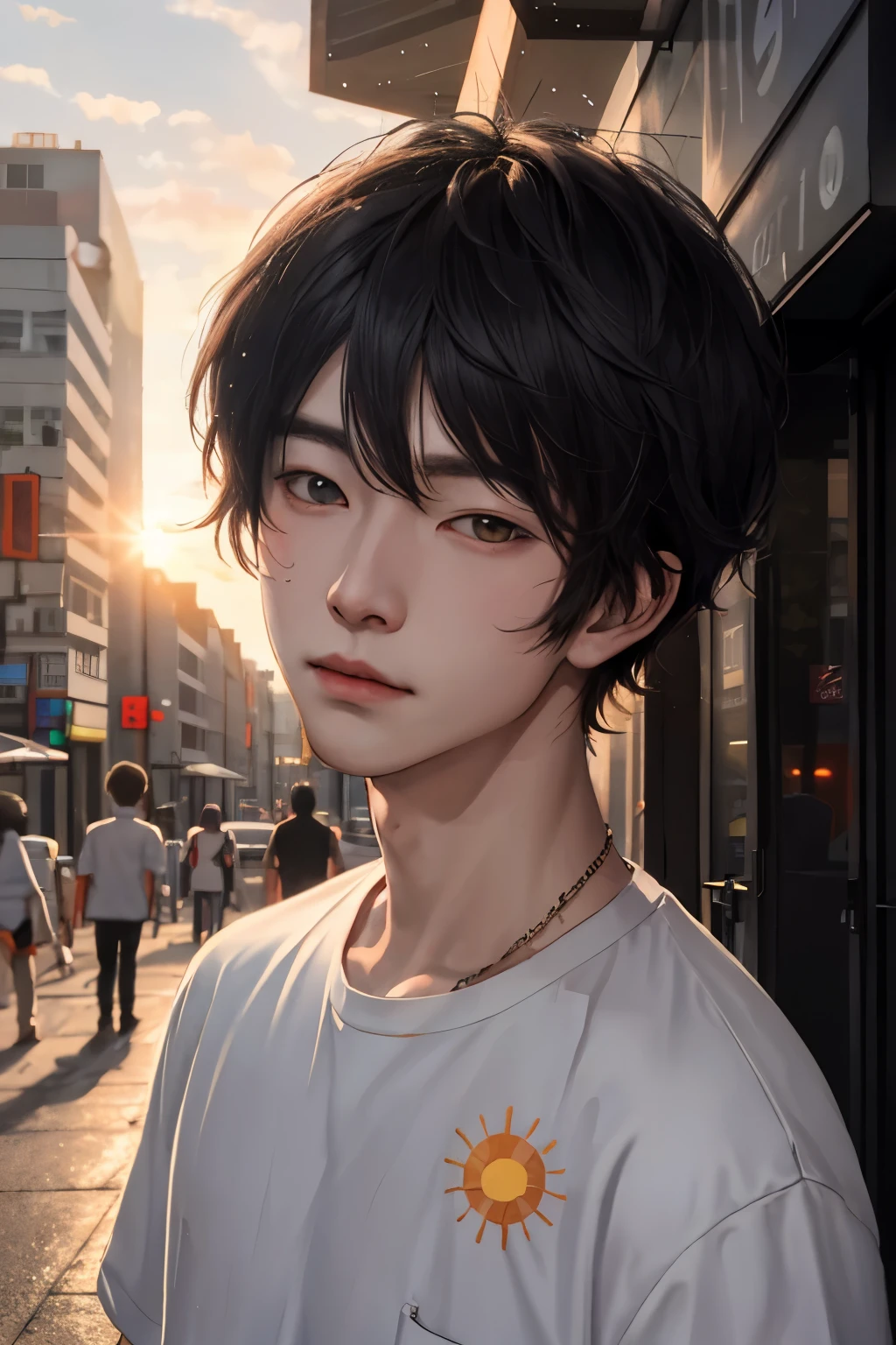 Anime Sunshine Boy，A red mark appears above the head，Behind is a prosperous city