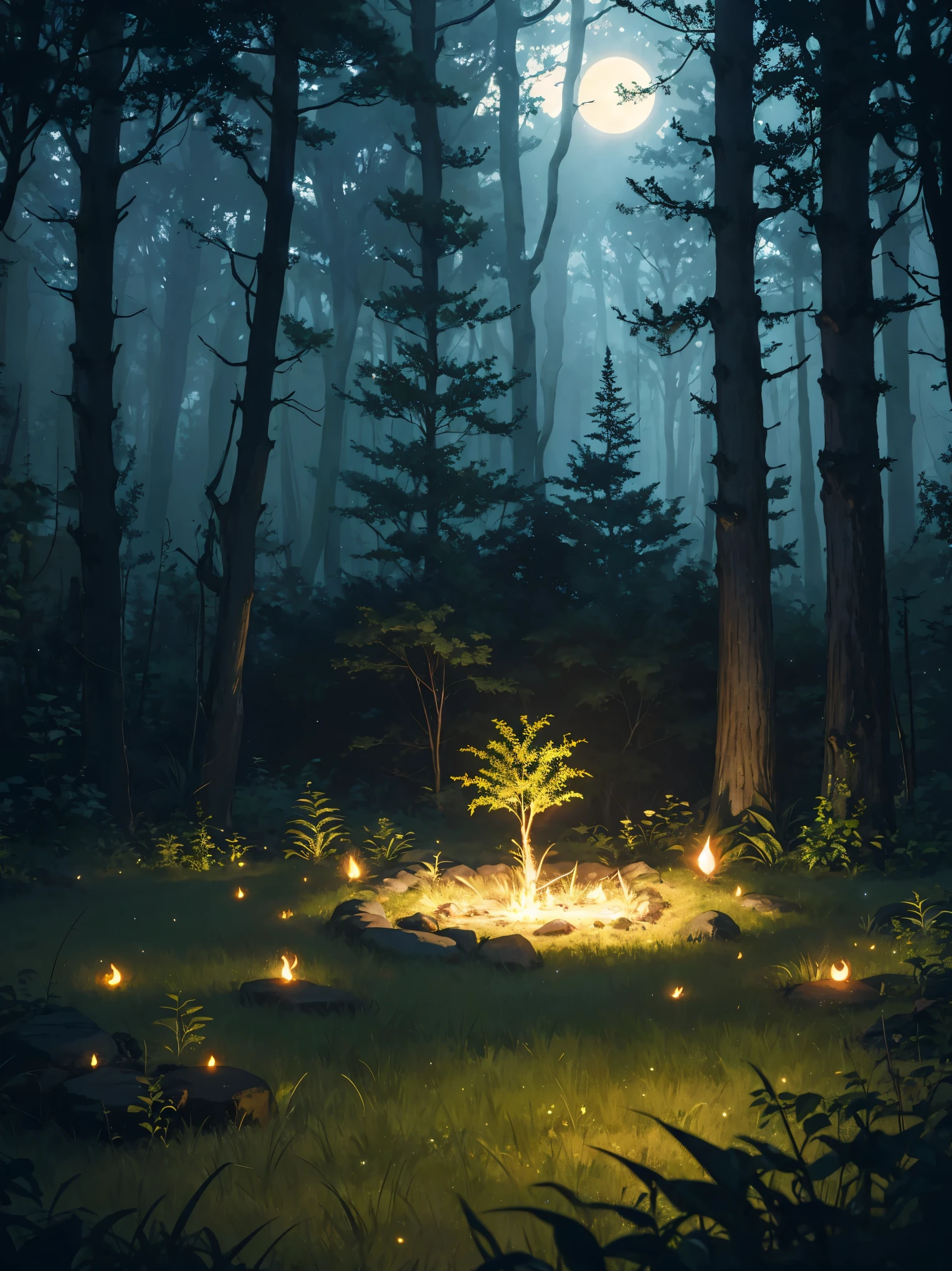 Forest Glade, small fire in a circle of stones, grass bushes, fireflies, fern, night, лес nightю, dark sky and bright moon, (Masterpiece, Best quality), Creepy misty forest illustration, volumetric lighting, Moonlight, ray tracing, Resolution 8K, gothic aesthetics, bottom view