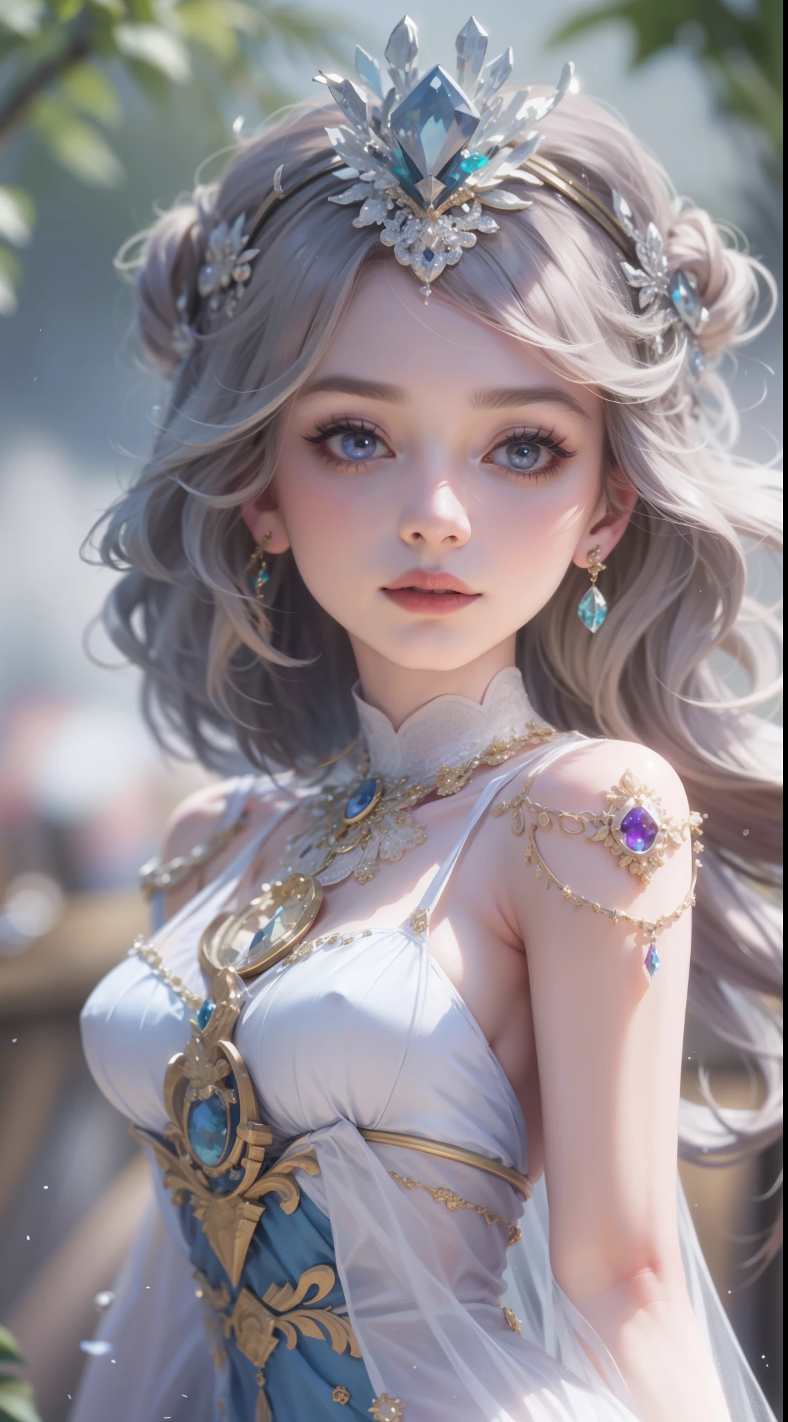 master piece, best high resolution,high quality content, 8K quality photos with great detail, Ideal for creating dynamic busts of noble maidens, Delicate curves, Bend hair to create gorgeous, intricate fabric textures, plain purple eyes, delicate flower decoration, Sparkling Crystal Jewelry, Highly focused and delicate details,fantastic atmosphere。