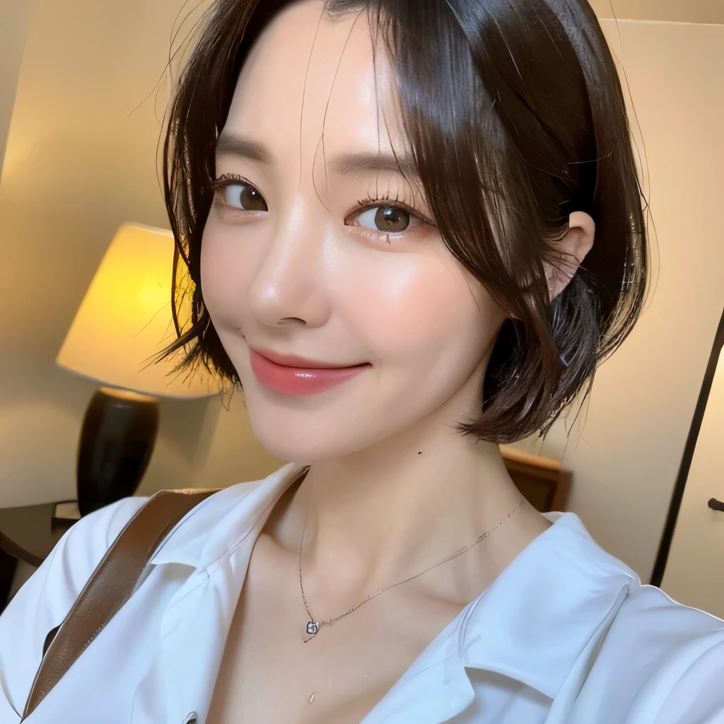 ((highest quality, 8k, masterpiece: 1.3)), sharp focus: 1.2, beautiful woman with perfect figure: 1.4, slim abs: 1.2, (short hairstyles,random color: 1.2)), (wet white button long shirt: 1.3), rain: 1.3, street of night: 1.2, wet body: 1.1, night、 Highly detailed face and skin texture, fine eyes, double eyelid, big breasts, smile, Show your collarbone、beautiful clavicle、Berry Short、