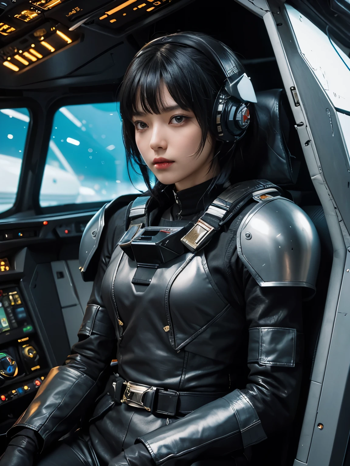 Outer space can be seen outside the window.A beautiful woman sits in the cockpit of a small space fighter. Black hair. Her bangs are cut straight across her forehead. Twenty years old. She wears a black metallic battle uniform. There is something on his waist that is reminiscent of Kamen Rider's transformation belt. She is staring at the cockpit panel with a grim expression on her face.