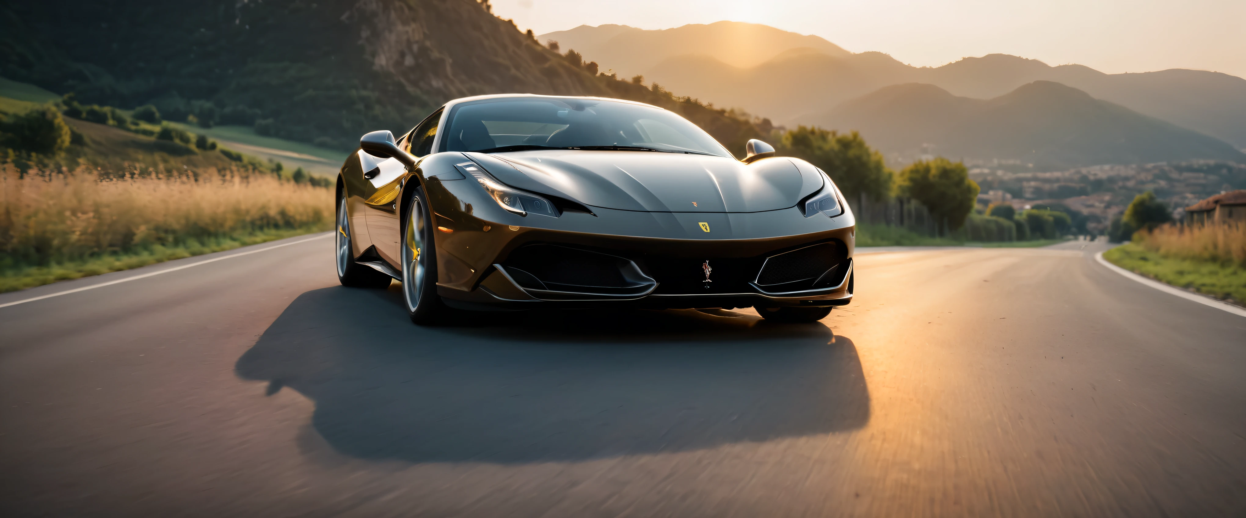 ((Masterpiece in maximum 16K resolution):1.6),((soft_color_photograpy:)1.5), ((Ultra-Detailed):1.4),((Movie-like still images and dynamic angles):1.3). | (Cinematic photo of an speeding Ferrarri Roma), (cinematic lens), ((tyndall effect):1.1), (fog), (mist), (super car), (fog light), (sense of speed), (Dusk at Autobahn), (shimmer), (visual experience), (Realism), (Realistic), award-winning graphics, dark shot, film grain, extremely detailed, Digital Art, rtx, Unreal Engine, scene concept anti glare effect, All captured with sharp focus.
