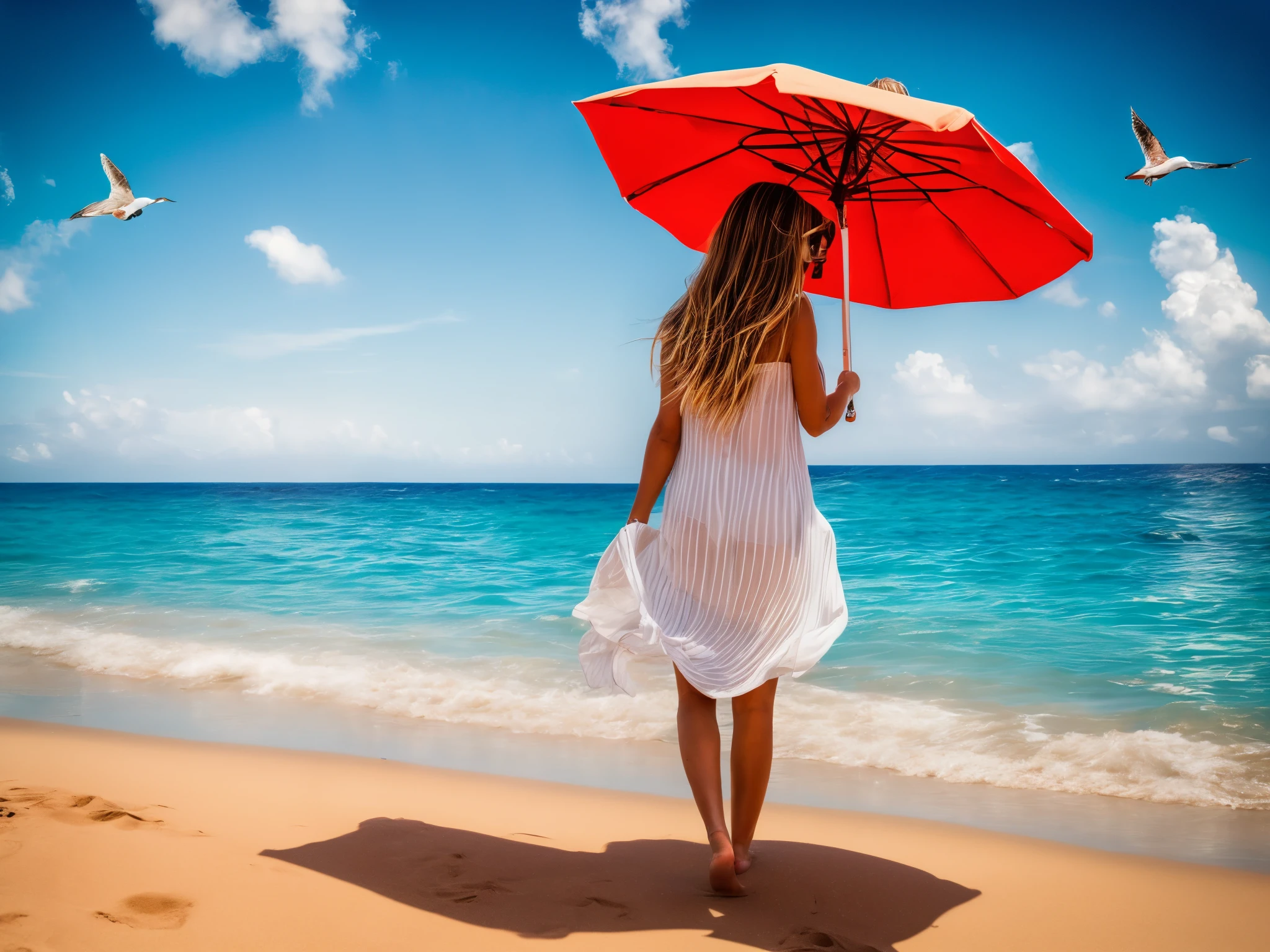 (best quality, highres, ultra-detailed:1.2), vibrant colors, sunset lighting, beach, ((Tyndall Effect)), girl, sand, waves, flowing dress, wind-blown hair, seashells, barefoot, ocean breeze, reflections on water, sparkling sunlight, golden hour, joyful expression, tranquil atmosphere, beautiful detailed eyes, beautiful detailed lips, sun-kissed skin, seagulls, distant horizon, laughter, free-spirited, carefree, beach umbrella, beach towel, sun hat, sunglasses, soft sand dunes, gentle waves crashing, palm trees, warm tropical paradise, happiness, leisurely stroll, moments of serenity