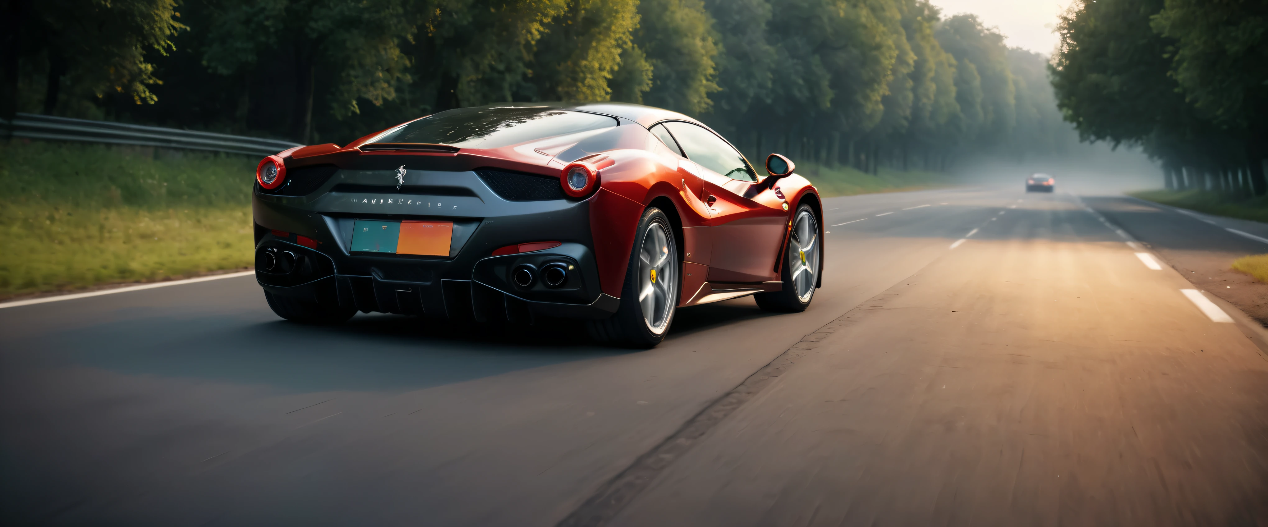 ((Masterpiece in maximum 16K resolution):1.6),((soft_color_photograpy:)1.5), ((Ultra-Detailed):1.4),((Movie-like still images and dynamic angles):1.3). | (Cinematic photo of an speeding Ferrarri Roma), (cinematic lens), ((tyndall effect):1.1), (fog), (mist), (super car), (fog light), (sense of speed), (Dawn at Autobahn), (shimmer), (visual experience), (Realism), (Realistic), award-winning graphics, dark shot, film grain, extremely detailed, Digital Art, rtx, Unreal Engine, scene concept anti glare effect, All captured with sharp focus.