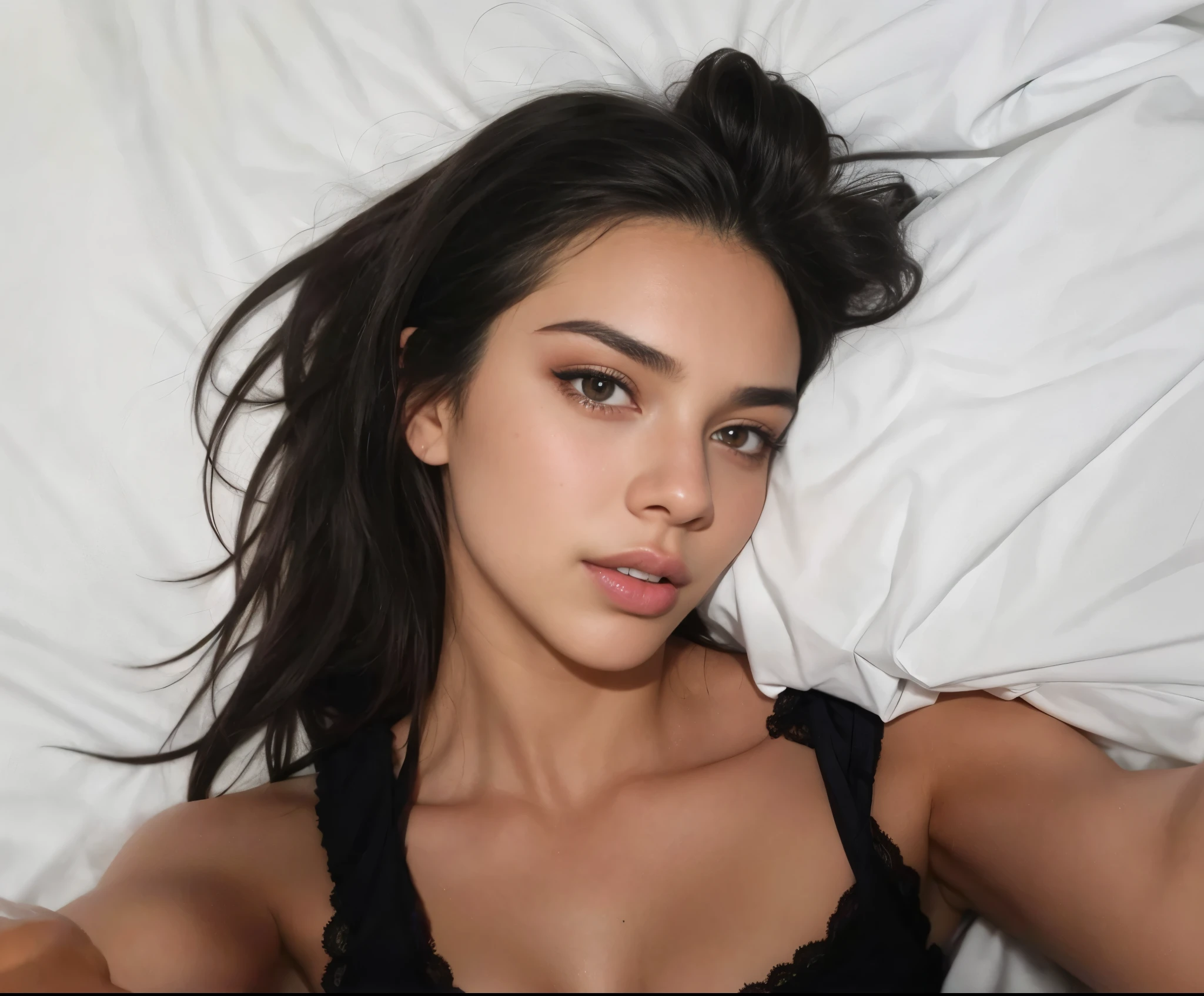 arafed woman laying in bed with white sheets and black bra, sexy face, kendall jenner, sexy face with full makeup, instagram model, sexy look at the camera, emily ratajkowski, adriana lima, stunning face, portrait emily ratajkowski, dark hair and makeup, gorgeous attractive face, gorgeous face, gorgeous female, sexy look, flawless face, gorgeous woman