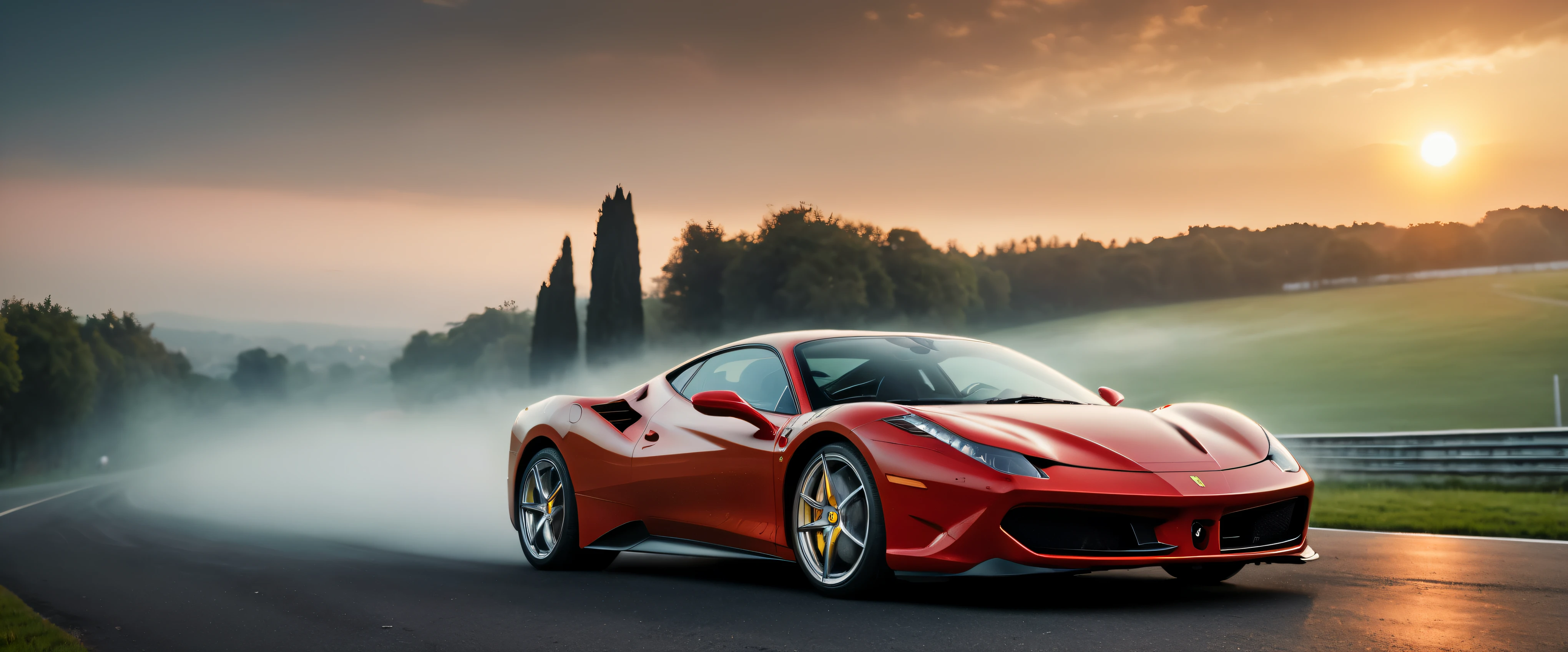 ((Masterpiece in maximum 16K resolution):1.6),((soft_color_photograpy:)1.5), ((Ultra-Detailed):1.4),((Movie-like still images and dynamic angles):1.3). | (Cinematic photo of an speeding Ferrarri Roma), (cinematic lens), ((tyndall effect):1.1), (fog), (mist), (super car), (fog light), (sense of speed), (Dawn at Autobahn), (shimmer), (visual experience), (Realism), (Realistic), award-winning graphics, dark shot, film grain, extremely detailed, Digital Art, rtx, Unreal Engine, scene concept anti glare effect, All captured with sharp focus.