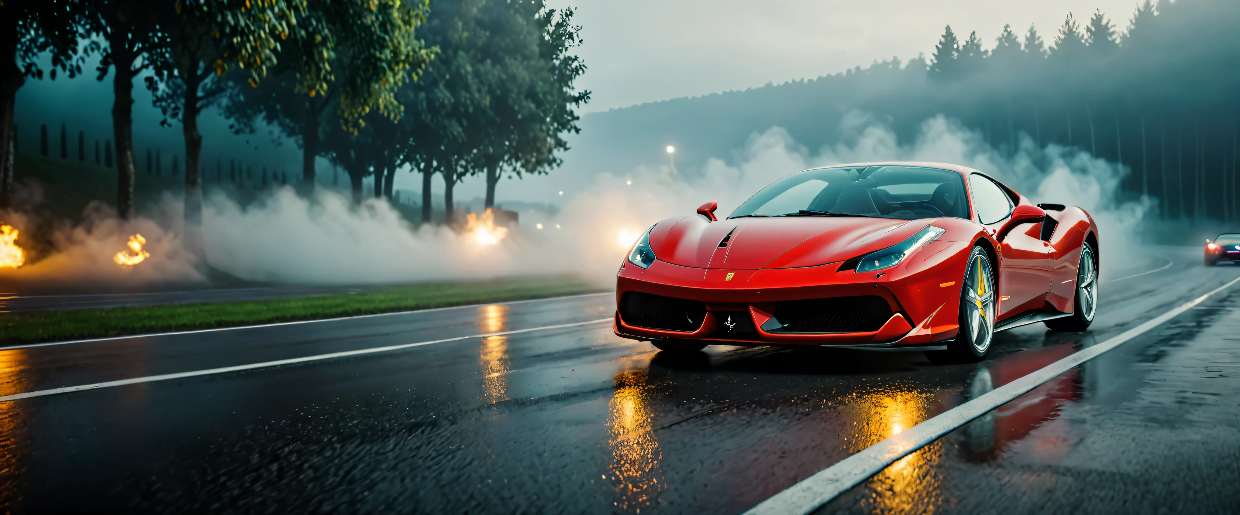 ((Masterpiece in maximum 16K resolution):1.6),((soft_color_photograpy:)1.5), ((Ultra-Detailed):1.4),((Movie-like still images and dynamic angles):1.3). | (Cinematic photo of an speeding Ferrarri Roma), (cinematic lens), ((tyndall effect):1.1), (fog), (mist), (super car), (fog light), (sense of speed), (Dawn at Autobahn), (shimmer), (visual experience), (Realism), (Realistic), award-winning graphics, dark shot, film grain, extremely detailed, Digital Art, rtx, Unreal Engine, scene concept anti glare effect, All captured with sharp focus.