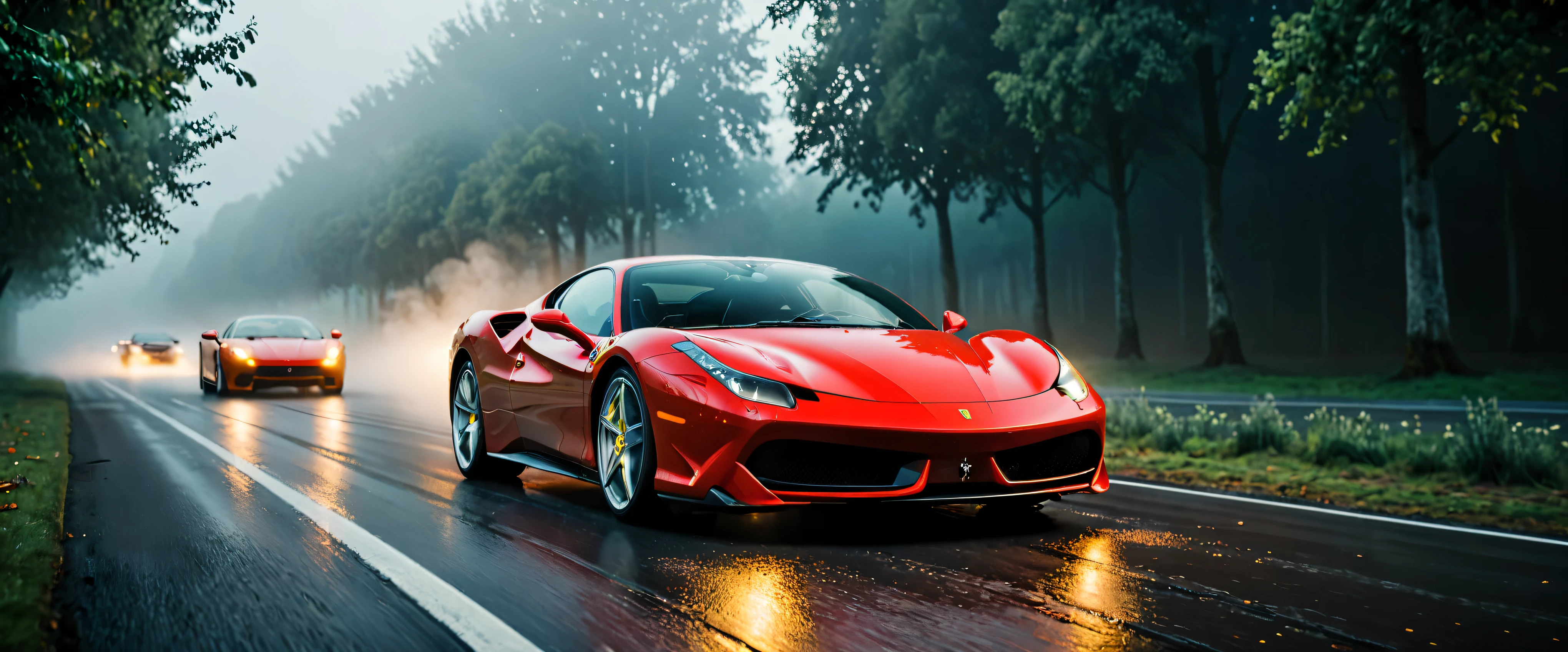 ((Masterpiece in maximum 16K resolution):1.6),((soft_color_photograpy:)1.5), ((Ultra-Detailed):1.4),((Movie-like still images and dynamic angles):1.3). | (Cinematic photo of an speeding Ferrarri Roma), (cinematic lens), ((tyndall effect):1.1), (fog), (mist), (super car), (fog light), (sense of speed), (Dawn at Autobahn), (shimmer), (visual experience), (Realism), (Realistic), award-winning graphics, dark shot, film grain, extremely detailed, Digital Art, rtx, Unreal Engine, scene concept anti glare effect, All captured with sharp focus.