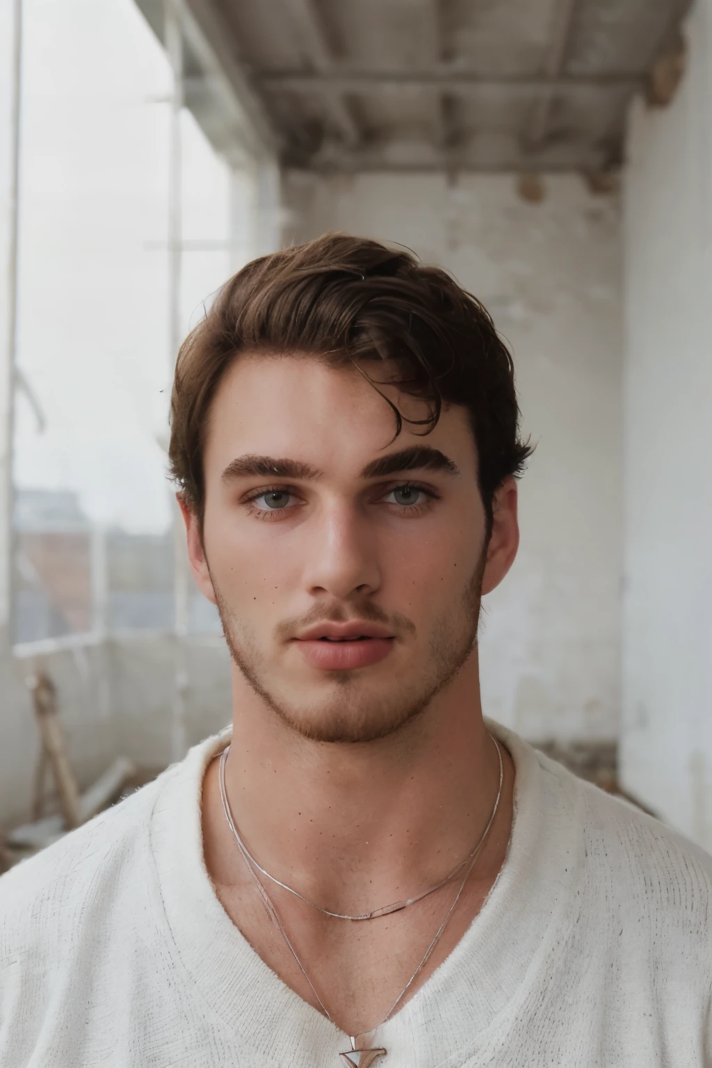 RAW Photo, closeup face portrait photo of man michael_yerger posing wearing white sweater and necklace in abandoned warehouse  natural light, factory windows