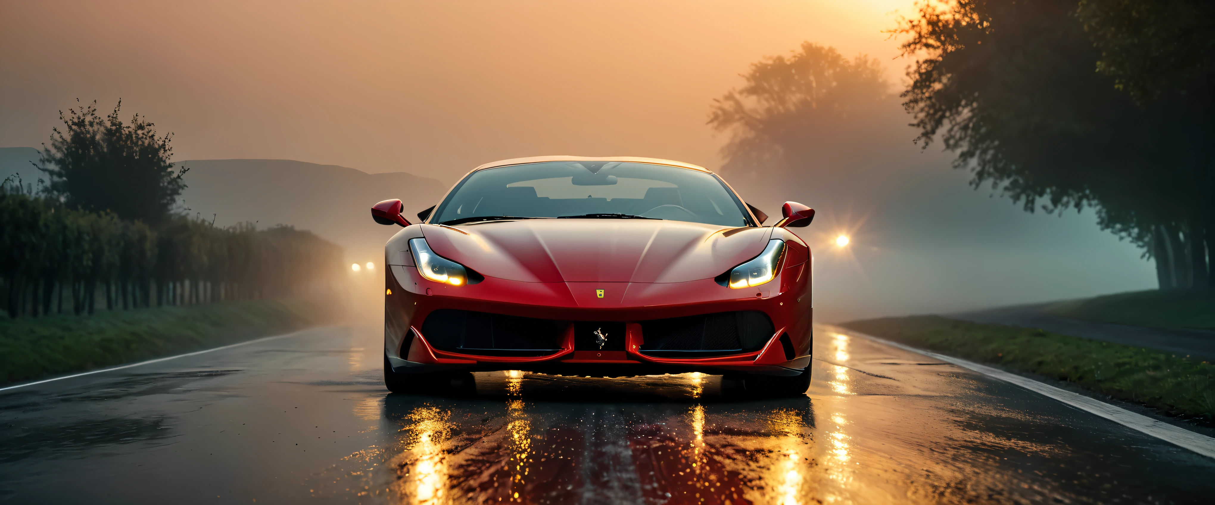 ((Masterpiece in maximum 16K resolution):1.6),((soft_color_photograpy:)1.5), ((Ultra-Detailed):1.4),((Movie-like still images and dynamic angles):1.3). | (Cinematic photo of an speeding Ferrarri Roma), (cinematic lens), ((tyndall effect):1.1), (fog), (mist), (super car), (fog light), (sense of speed), (Dusk at Autobahn), (shimmer), (visual experience), (Realism), (Realistic), award-winning graphics, dark shot, film grain, extremely detailed, Digital Art, rtx, Unreal Engine, scene concept anti glare effect, All captured with sharp focus.