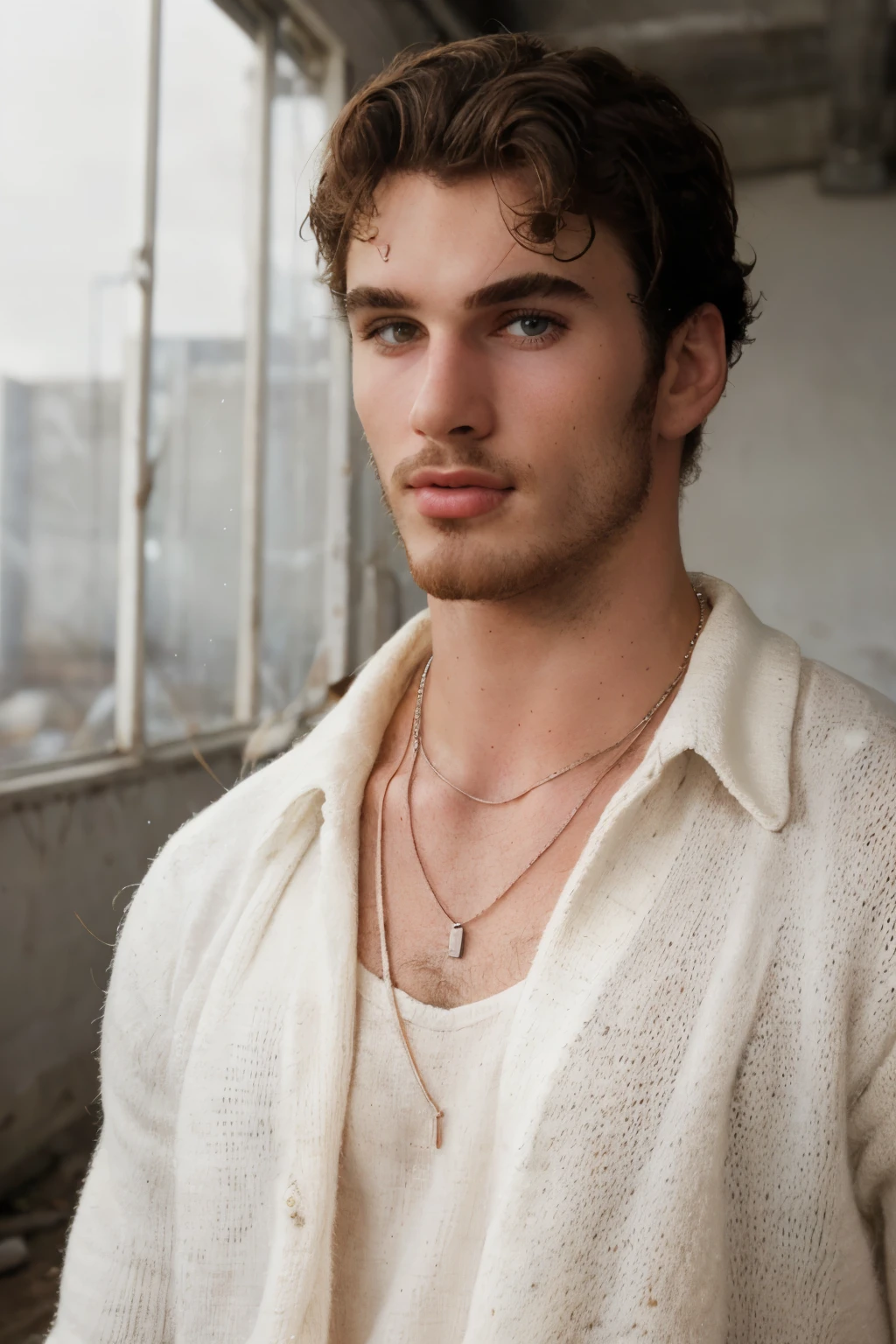 RAW Photo, closeup face portrait photo of man michael_yerger posing wearing white sweater and necklace in abandoned warehouse  natural light, factory windows