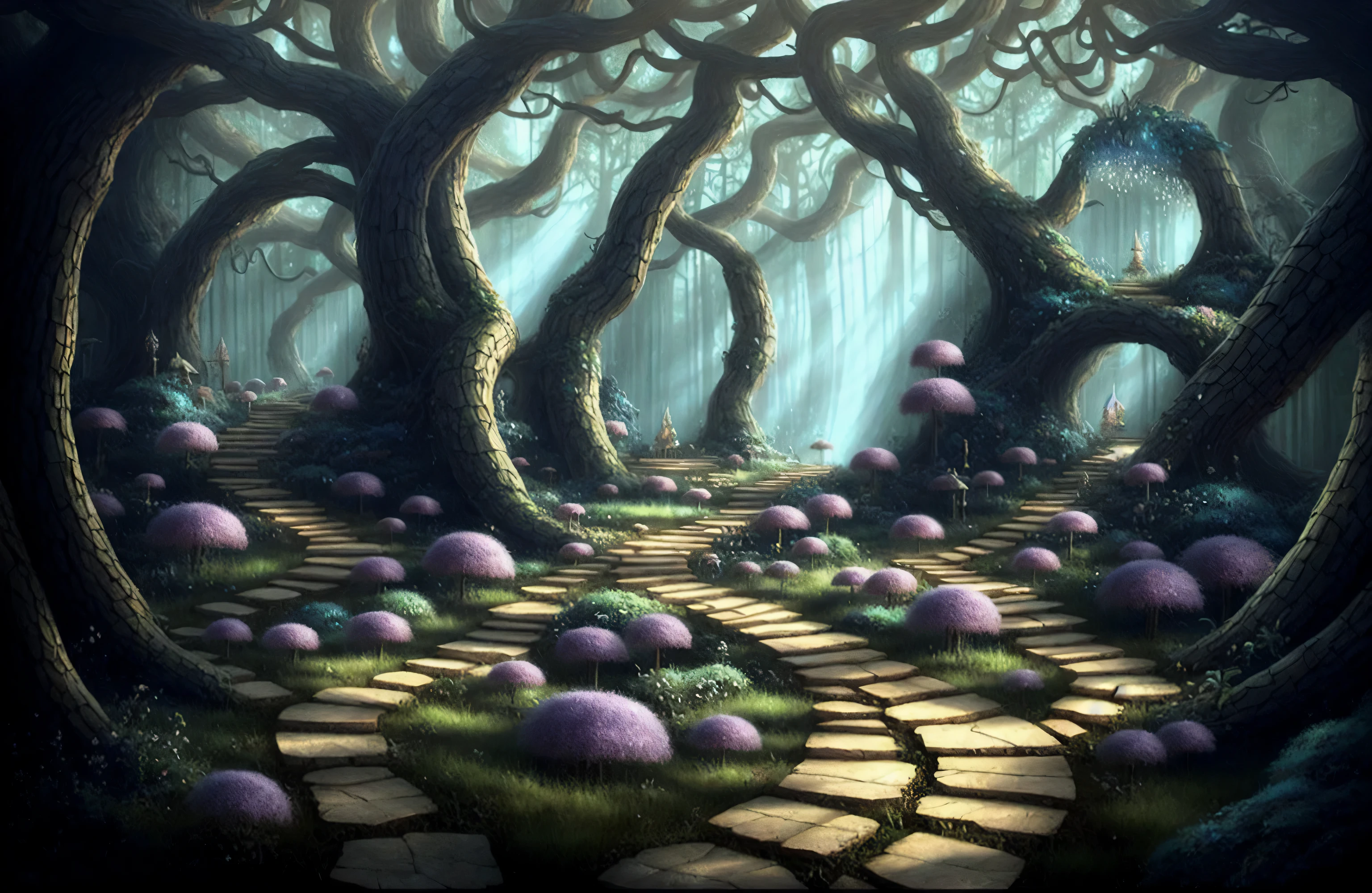 A painting of a path through a forest，There are fairy lights on it, enchanted Enchanted Jungle, Enchanted Jungle, magical environment, enchanted forest, magic fairy forest, Entering the ethereal realm, magic glade, fairy forest, Highly detailed fantasy art, fairy tale kingdom forest, Amazing concept art, in a enchanted forest, enchanted forest, Magic Fantasy 2D Concept Art