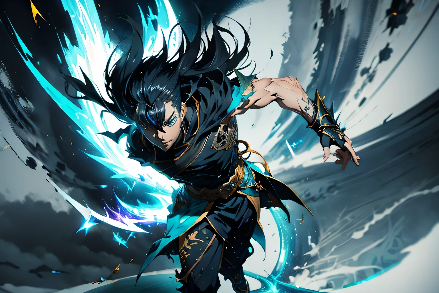 a sword-wielding anime-style character with demon slayer features, holding a blue sword, with mist breathing abilities, detailed portrait, intricate design, dramatic lighting, vibrant colors, dynamic pose, cinematic angle, digital painting, highly detailed, masterpiece