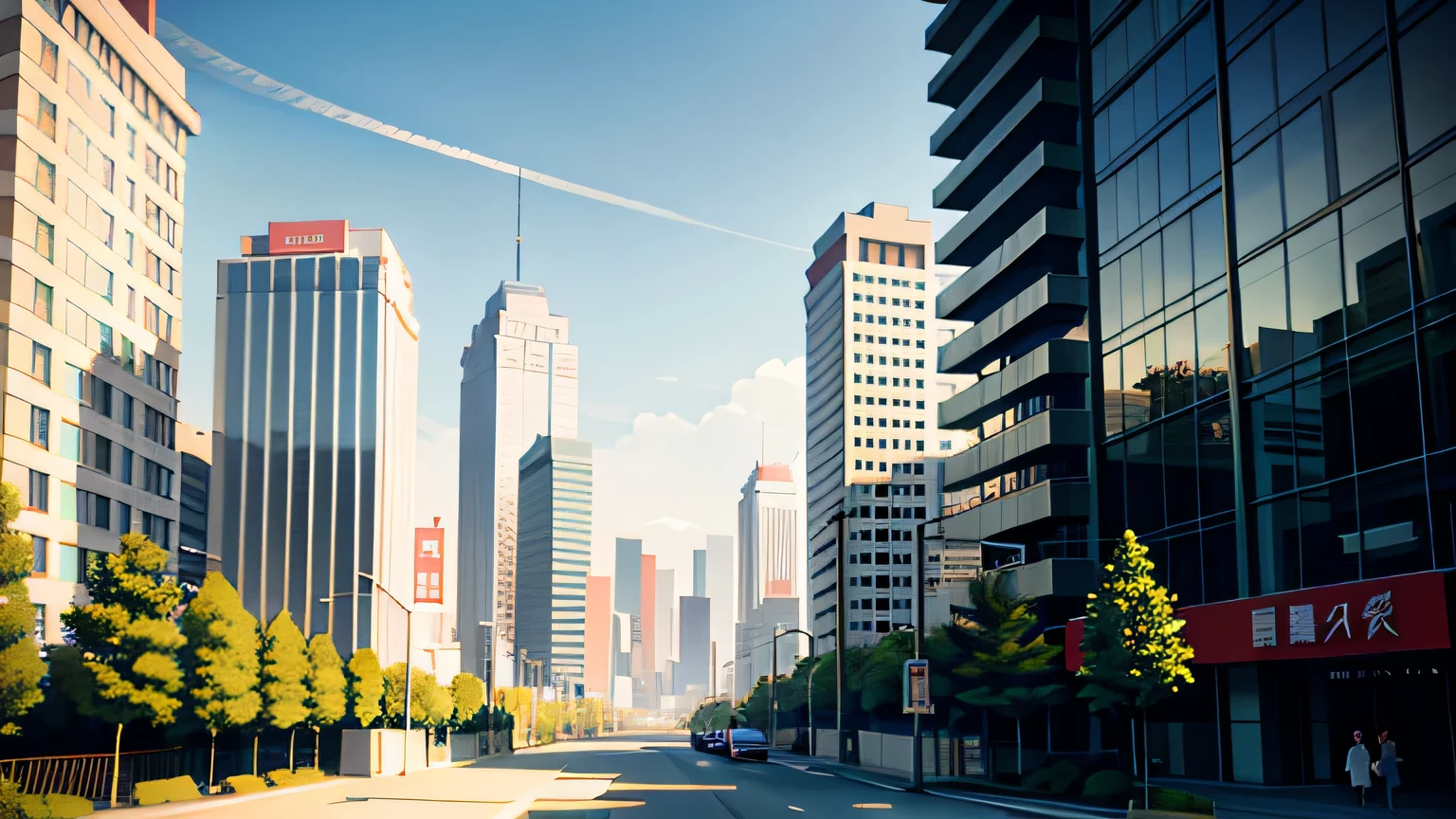 (Chinese cityscape),(modern style),high-rise building,purely,corner,that tree,No,Baiyun,calm scenery,Exterior,green trees,epic work,realistic lighting,High definition details,masterpiece,best quality