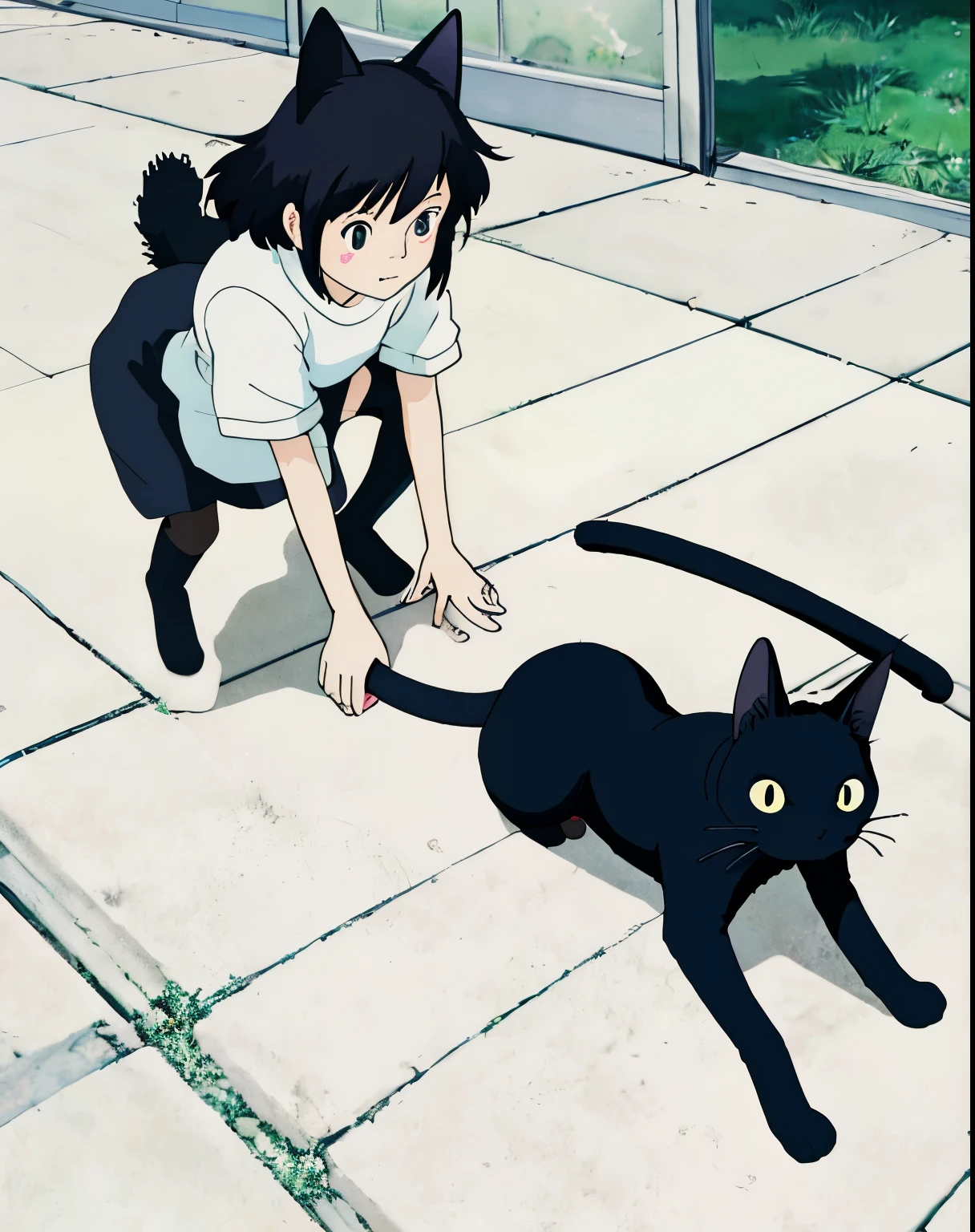 anime girl jumping with a cat tail and a black cat, black and white manga style, anime catgirl, anime style”, catgirl, cat girl, epic anime style, anime cat, inspired by Ib Eisner, neferpitou, in style of manga, emo girl and her cat, anime style illustration, in japanese anime style, anime and manga style