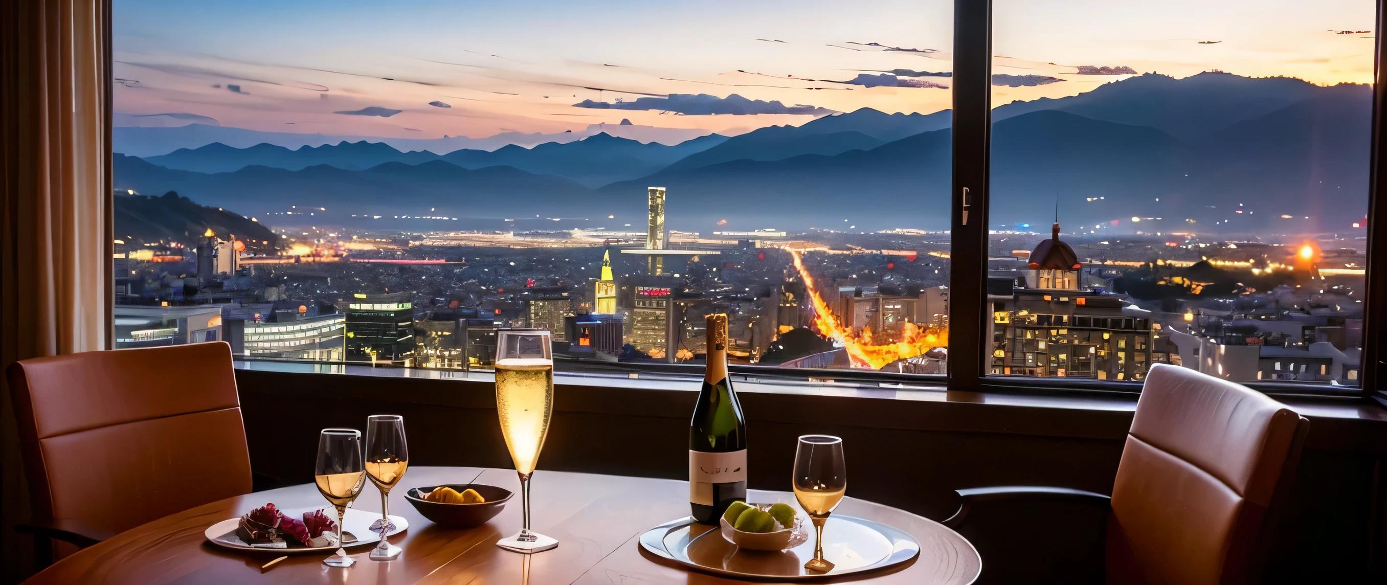 64k, Hmm, highest quality, masterpiece: 1.2), (realistic, photorealistic: 1.37), Spectacular view of the sunset sky and clouds、Amazing mountain views、Champagne、sparkling wine、White wine, slim, wine glass, Very beautiful night view