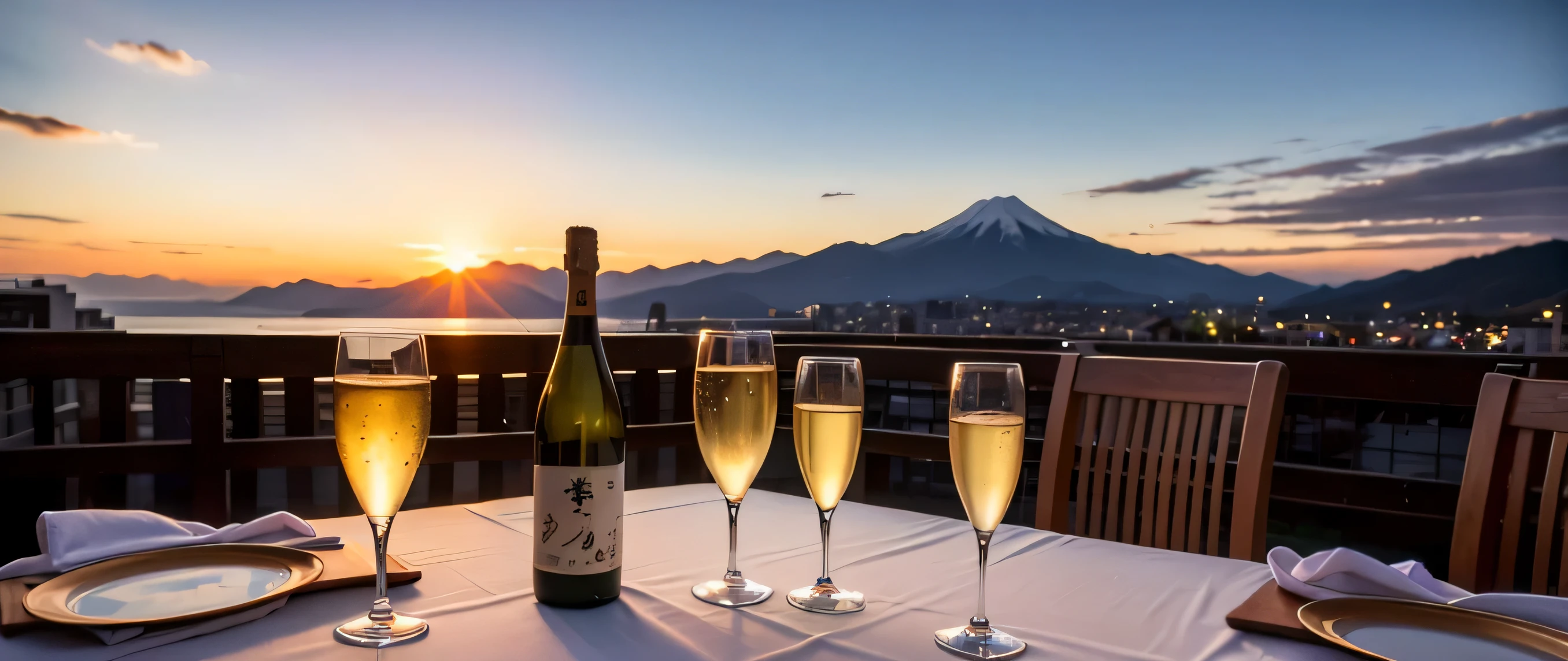 64k, Hmm, highest quality, masterpiece: 1.2), (realistic, photorealistic: 1.37), Spectacular view of the sunset sky and clouds、Amazing mountain views、Japanese sake、Sake Glass、Japanese food、Appetizer、restaurant、table、Champagne、sparkling wine、White wine, slim, wine glass, Very beautiful night view