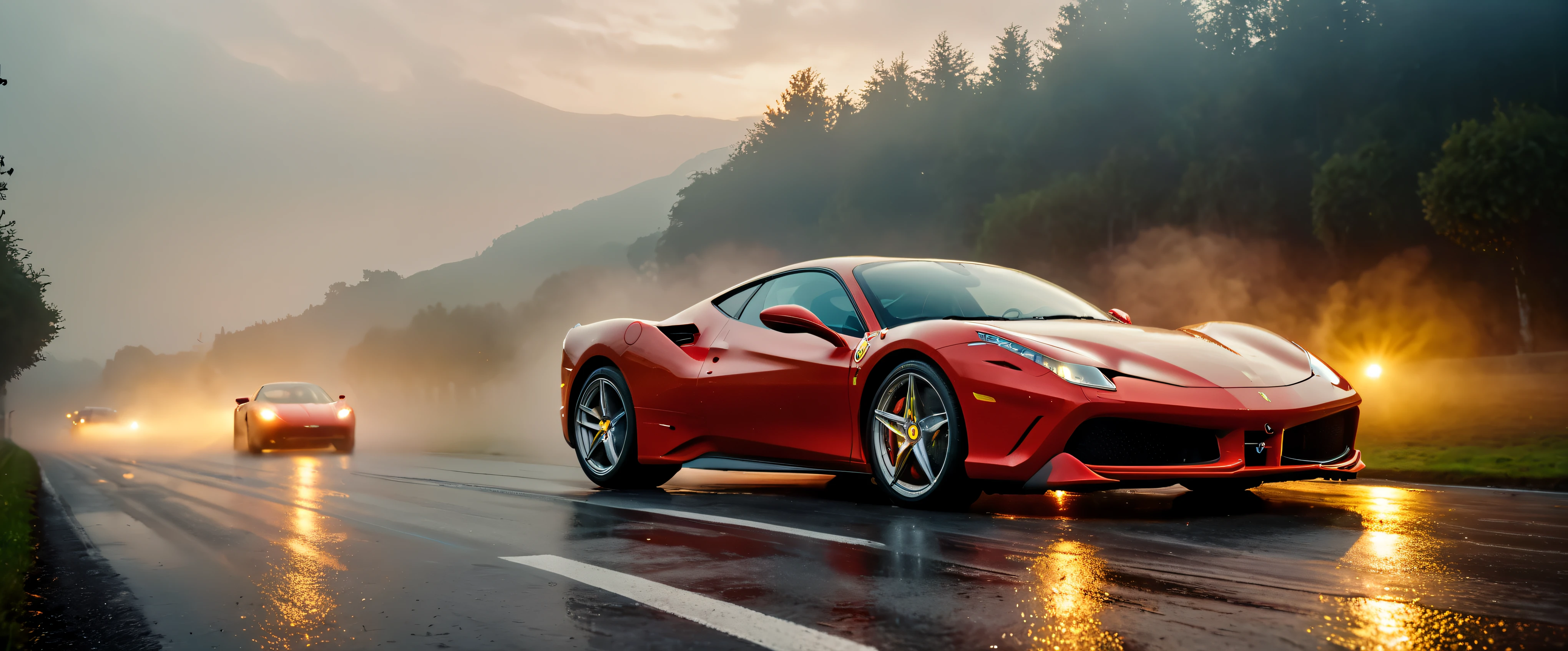 ((Masterpiece in maximum 16K resolution):1.6),((soft_color_photograpy:)1.5), ((Ultra-Detailed):1.4),((Movie-like still images and dynamic angles):1.3). | (Cinematic photo of an speeding Ferrarri Roma), (cinematic lens), ((tyndall effect):1.1), (fog), (mist), (super car), (sense of speed), (Golden hour at Autobahn), (shimmer), (visual experience), (Realism), (Realistic), award-winning graphics, dark shot, film grain, extremely detailed, Digital Art, rtx, Unreal Engine, scene concept anti glare effect, All captured with sharp focus.