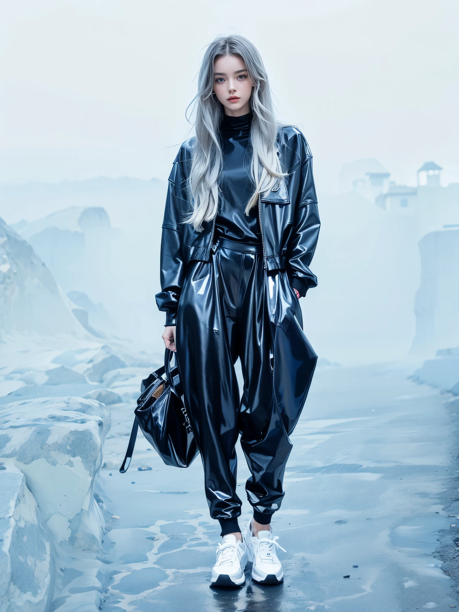cyber taste fashion collection, ultra detailed, beautiful, masterpiece, best quality, _ BREAK 1 girl, Beautiful perfect model, 22 Age, 165 cm, Tightened all body, Perfect and beautiful legs, gray hair, Brightly colored eyes, Diteled face, dropy eyes, Double eyelid, light color eyes, Shiny eyes , Diteled eyes, (small head and face:1.4), _ BREAK arranged hair, Diteled hair, _ BREAK Perfect art background, Fog, mist, _ BREAK (all body front shot, standing and model rosing:1.3), BREAK (High neck:1.2), (black latex simple Spring baggy:1.4),(cute black latex:1.4), (simple black Spring outer wear:1.3), (cotton maxi bubble skirt:1.4), (Diteled Clothing:1.4), (Black sneakers with heels:1.4), (wear a simple bag that matches clothes:1.3), (One point accessories:1.3), (fog and mist Blurred background, Perfect and beautiful concrete background:1.4), (Inorganic and nostalgic white lighting:1.4),