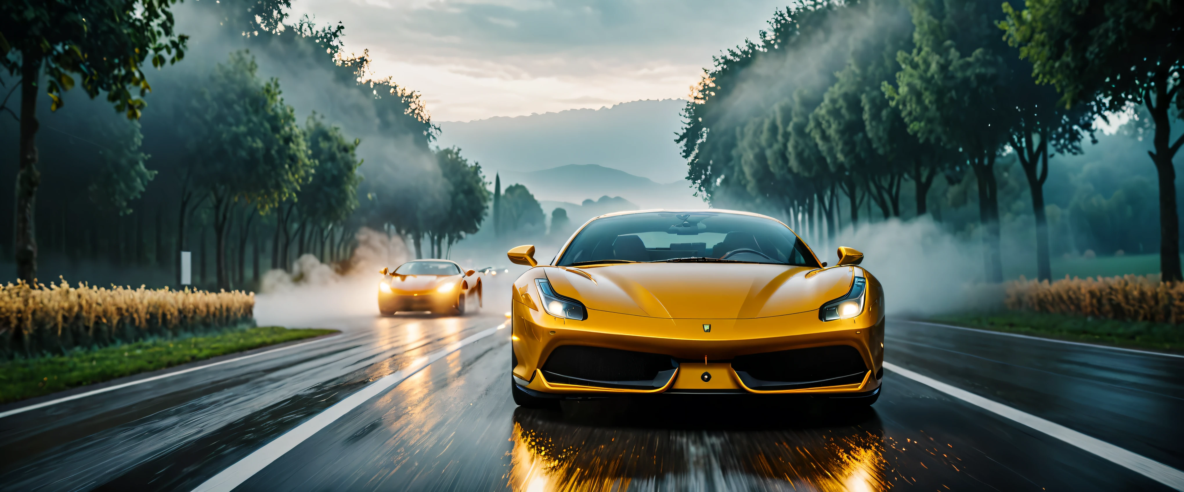 ((Masterpiece in maximum 16K resolution):1.6),((soft_color_photograpy:)1.5), ((Ultra-Detailed):1.4),((Movie-like still images and dynamic angles):1.3). | (Cinematic photo of an speeding Ferrarri Roma), (cinematic lens), ((tyndall effect):1.1), (fog), (mist), (super car), (sense of speed), (Golden hour at Autobahn), (shimmer), (visual experience), (Realism), (Realistic), award-winning graphics, dark shot, film grain, extremely detailed, Digital Art, rtx, Unreal Engine, scene concept anti glare effect, All captured with sharp focus.