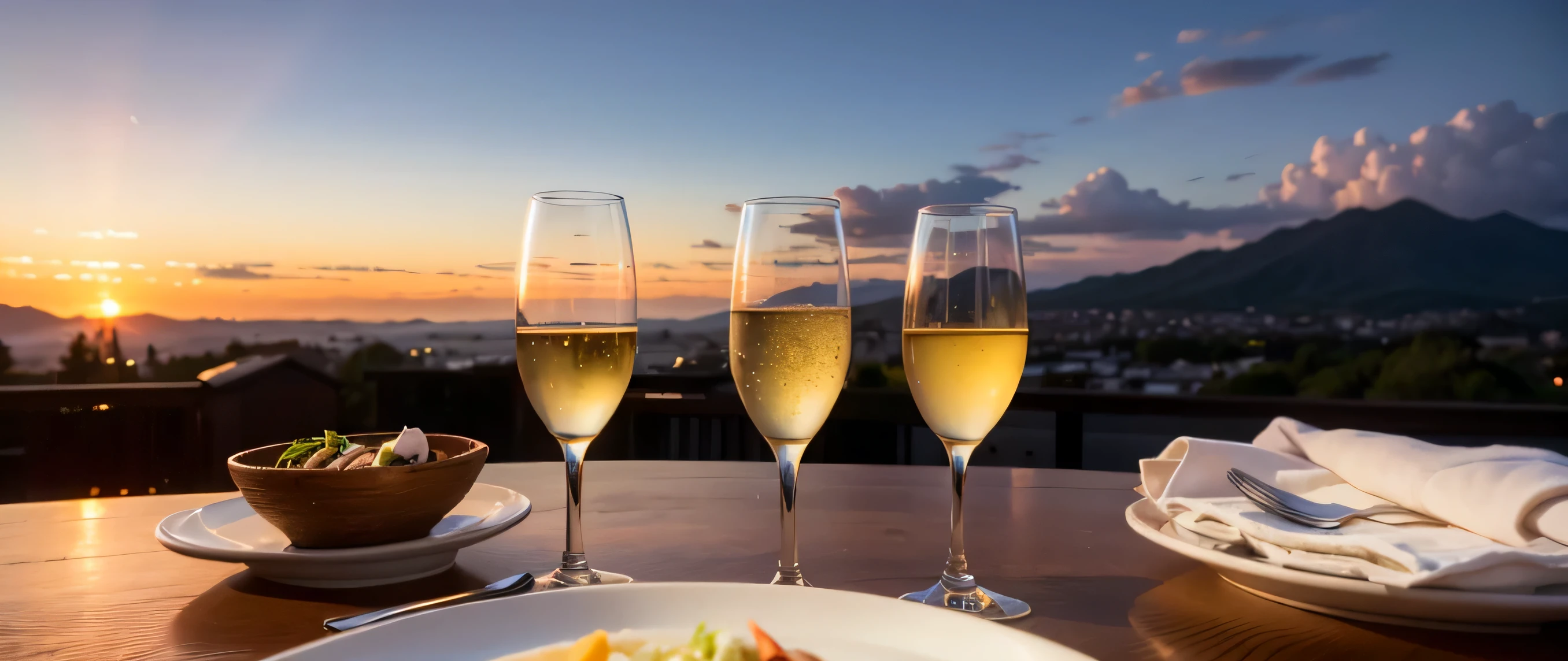 64k, Hmm, highest quality, masterpiece: 1.2), (realistic, photorealistic: 1.37), Spectacular view of the sunset sky and clouds、Amazing mountain views、Japanese sake、Sake Glass、Japanese food、Appetizer、restaurant、table、Champagne、sparkling wine、White wine, slim, wine glass, Very beautiful night view