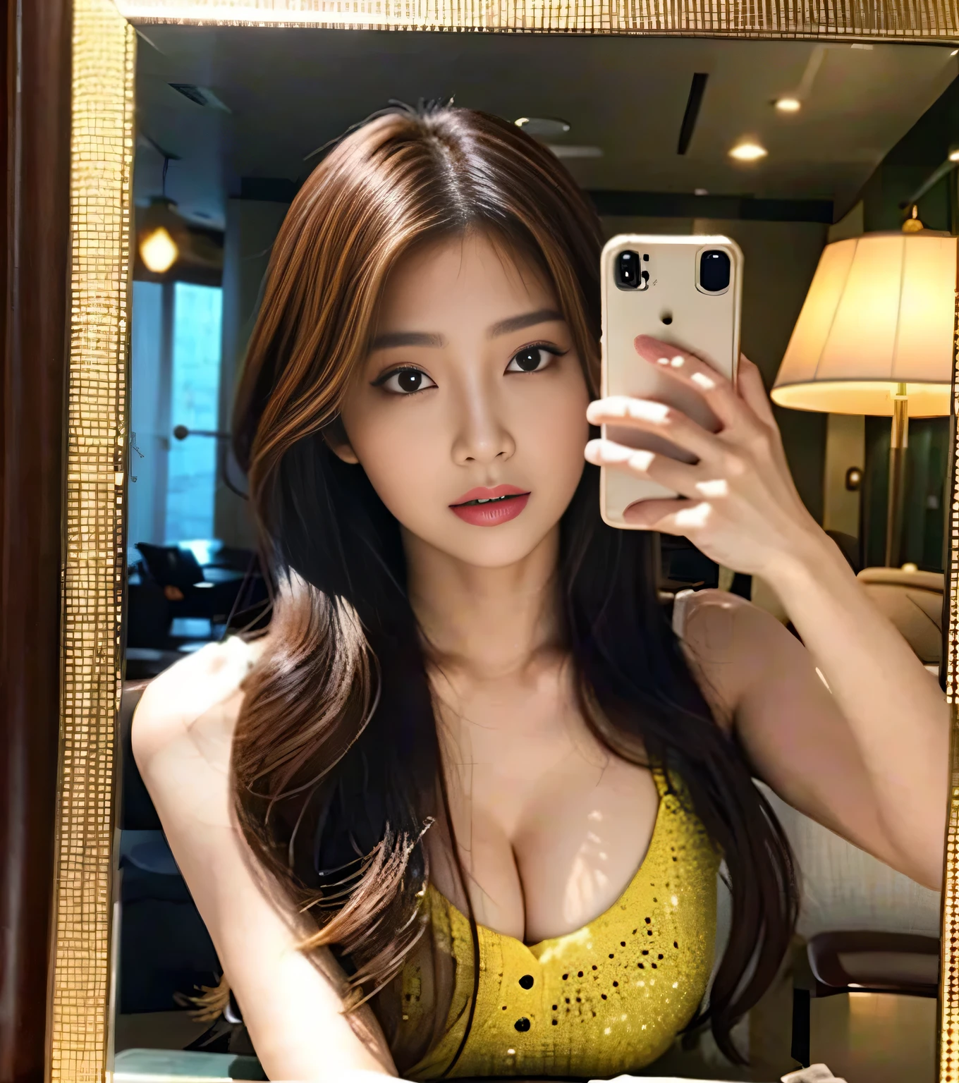 araffe woman taking a selfie in a mirror with her cell phone, ulzzang, #oc, # oc, her skin is light brown, with a brown fringe, korean girl, lalisa manobal, anime girl in real life, gorgeous young korean woman, heonhwa choe, with brown hair, sun yunjoo
