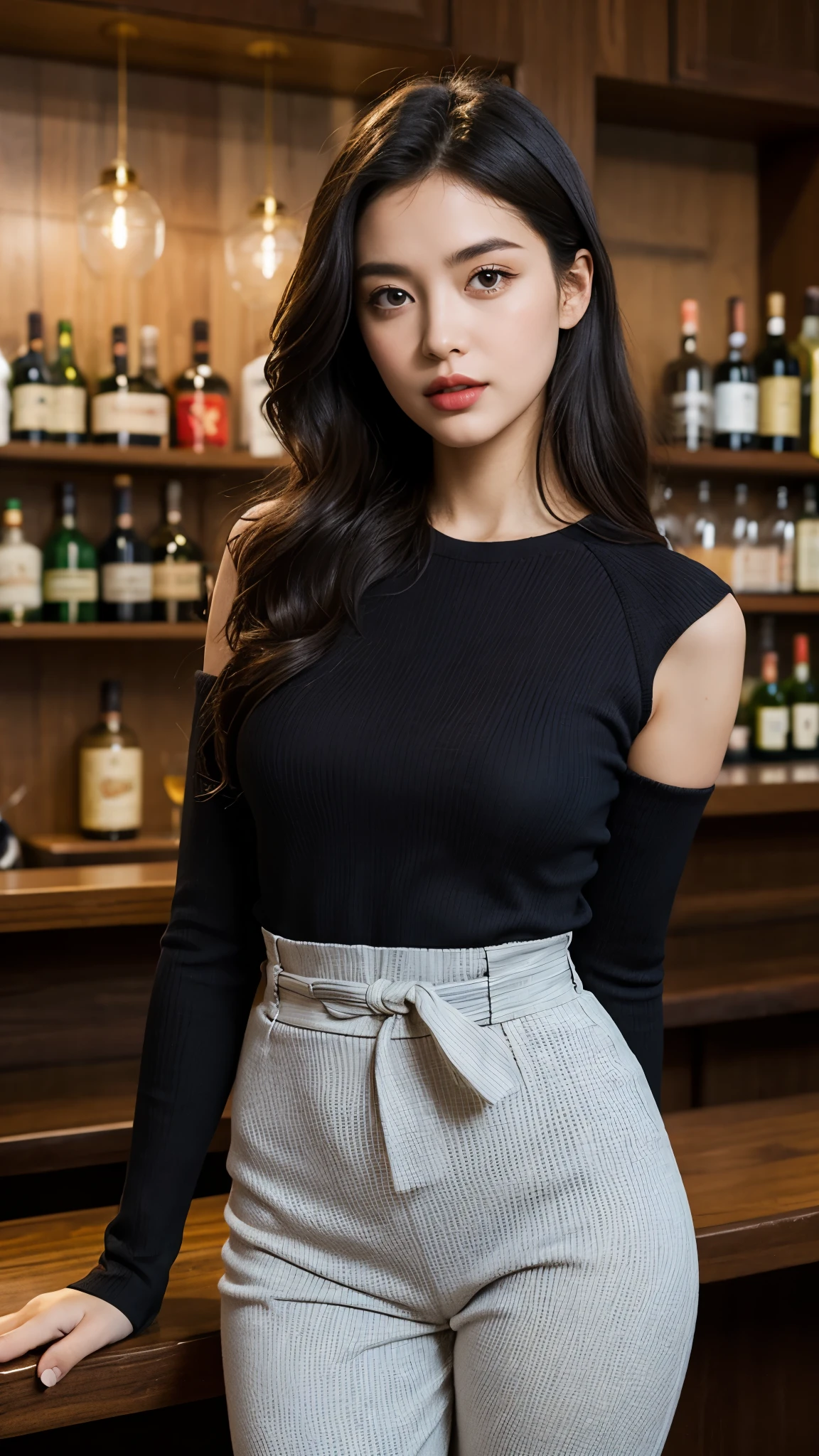 8k 超高清, digital SLR camera, filmgrain, 富士 XT3,(best best quality:1.3), (master masterpiece:1.1), great resolution, cinematic light, Complicated Detail, (PhotoRealistic), Exterior, Beautiful outside, IT was sunny,
Korean girls,(In the café:1.5) , Dimples, bobed hair, looking at the viewers, detailded, Ribbon, bow Tie, Naked Shoulders, ribbed sweater,
pencil skirt,high waist skirt,head rest,sitting,inside room,
Choker,black pantyhoses,sheet transportation sweater,(Sorrisos),(total body:1.6),Slender,