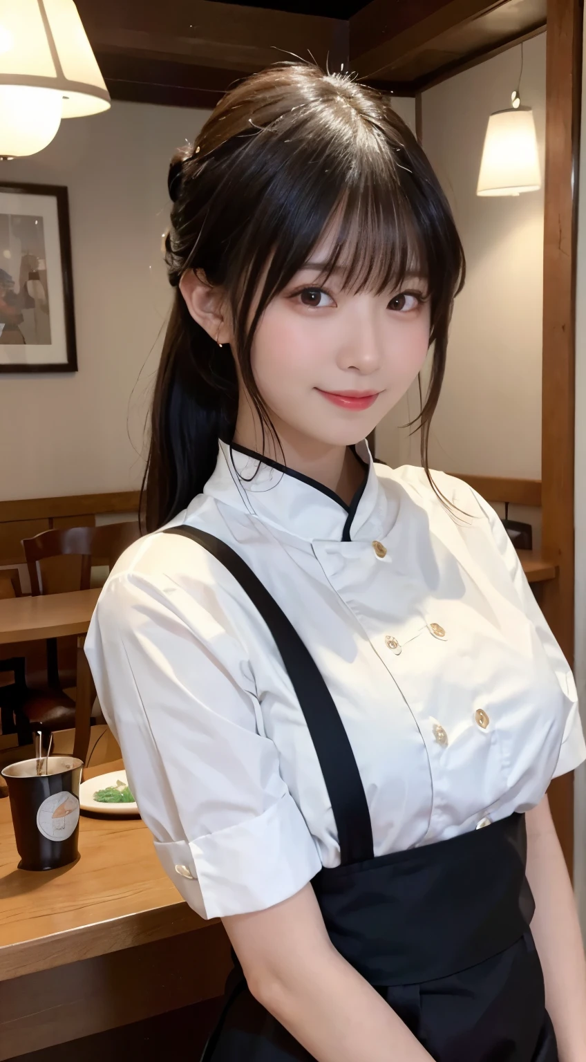 (highest quality,masterpiece:1.3,ultra high resolution,),(Super detailed,caustics),(Photoreal:1.4,RAW shooting,)ultra-realistic capture,very detailed,High resolution 16K human skin close-up。 natural skin texture、,The pores are、、、、Must be detailed enough to be easily identified。 Skin should look even-toned and healthy。 Use natural light and color,restaurant,waitress uniform,1 girl,Japanese,18-year-old,cute,black haired,ponytail,big breasts,smile,turn your body forward,(Front view:1.1),look at the camera,cowboy shot,