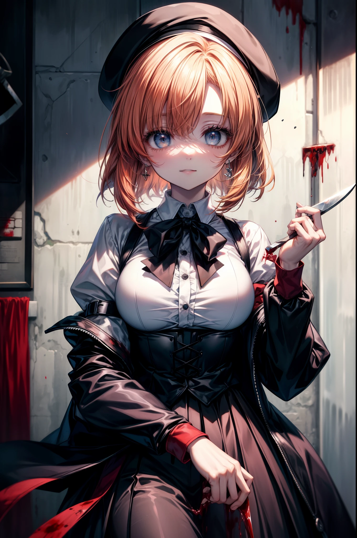 Rena Ryugu, rena ryuuguu, orange hair, short hair, hair blue eyes, smile, There are still traces of blood on the wall,spooky, dead eyes,Grinning with a bloody knife in one hand,bloody beret,bloody,blood droplets,There was a lot of blood all over the room.,spooky笑い, dead eyes,Psychopath horror,bloody clothes,blood drops,Spooky,Murder scene, serial killer, bathed in blood,Clothes with blood on them,black suit jacket with blood on it, bloody collared jacket,Bloodstained white dress shirt, shirt with blood on the collar, neckline, button, strap, ID card on neck, bloody black pencil skirt,bloody black pantyhose, looking at the viewer, big breasts,holding a bloody knife grip,
break looking at viewer,
break indoors, office,
break (masterpiece:1.2), highest quality, High resolution, unity 8k wallpaper, (figure:0.8), (detailed and beautiful eyes:1.6), highly detailed face, perfect lighting, Very detailed CG, (perfect hands, perfect anatomy),
