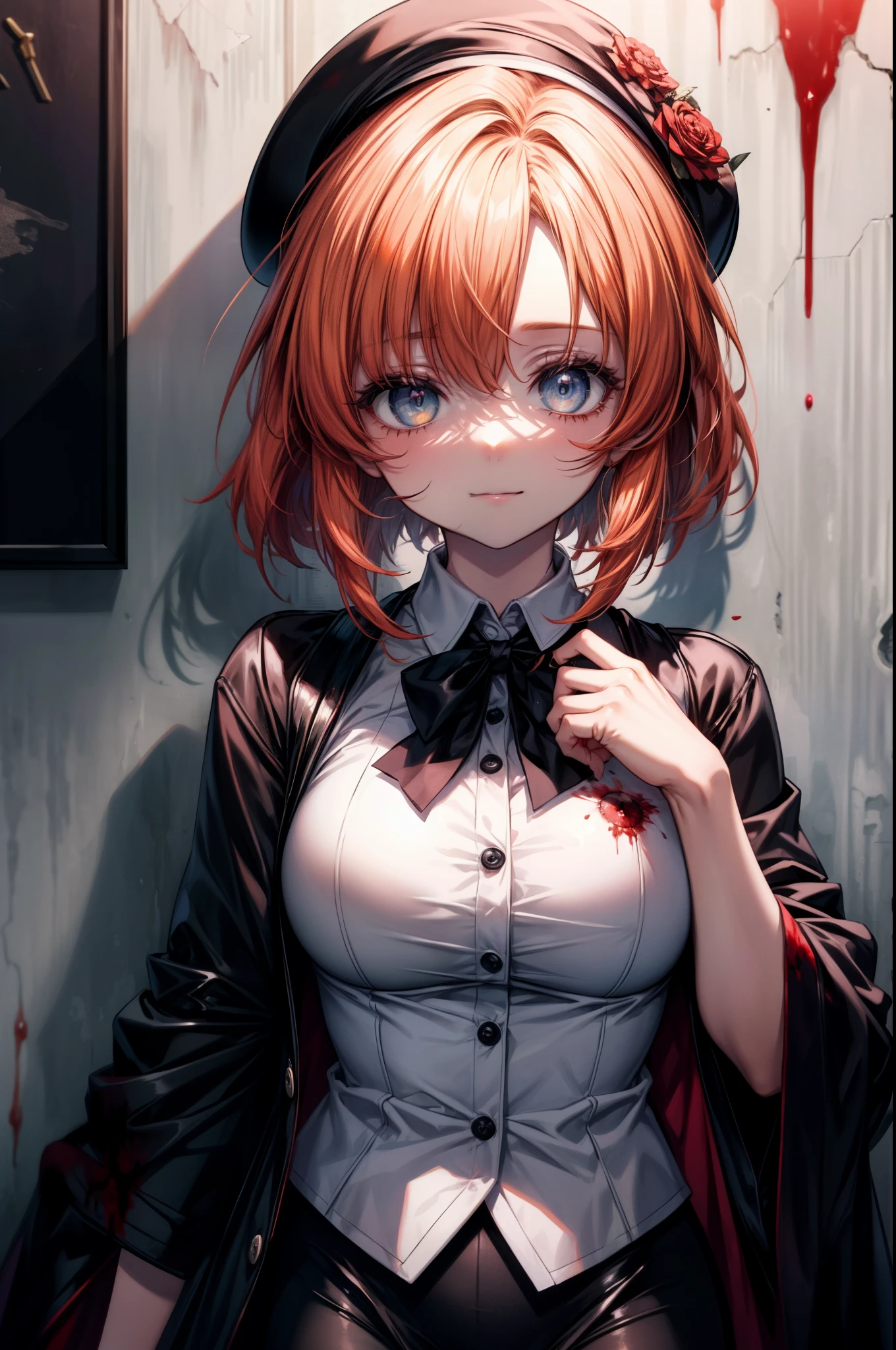 Rena Ryugu, rena ryuuguu, orange hair, short hair, hair blue eyes, smile, There are still traces of blood on the wall,spooky, dead eyes,Grinning with a bloody knife in one hand,bloody beret,bloody,blood droplets,There was a lot of blood all over the room.,spooky笑い, dead eyes,Psychopath horror,bloody clothes,blood drops,Spooky,Murder scene, serial killer, bathed in blood,Clothes with blood on them,black suit jacket with blood on it, bloody collared jacket,Bloodstained white dress shirt, shirt with blood on the collar, neckline, button, strap, ID card on neck, bloody black pencil skirt,bloody black pantyhose, looking at the viewer, big breasts,holding a bloody knife grip,
break looking at viewer,
break indoors, office,
break (masterpiece:1.2), highest quality, High resolution, unity 8k wallpaper, (figure:0.8), (detailed and beautiful eyes:1.6), highly detailed face, perfect lighting, Very detailed CG, (perfect hands, perfect anatomy),