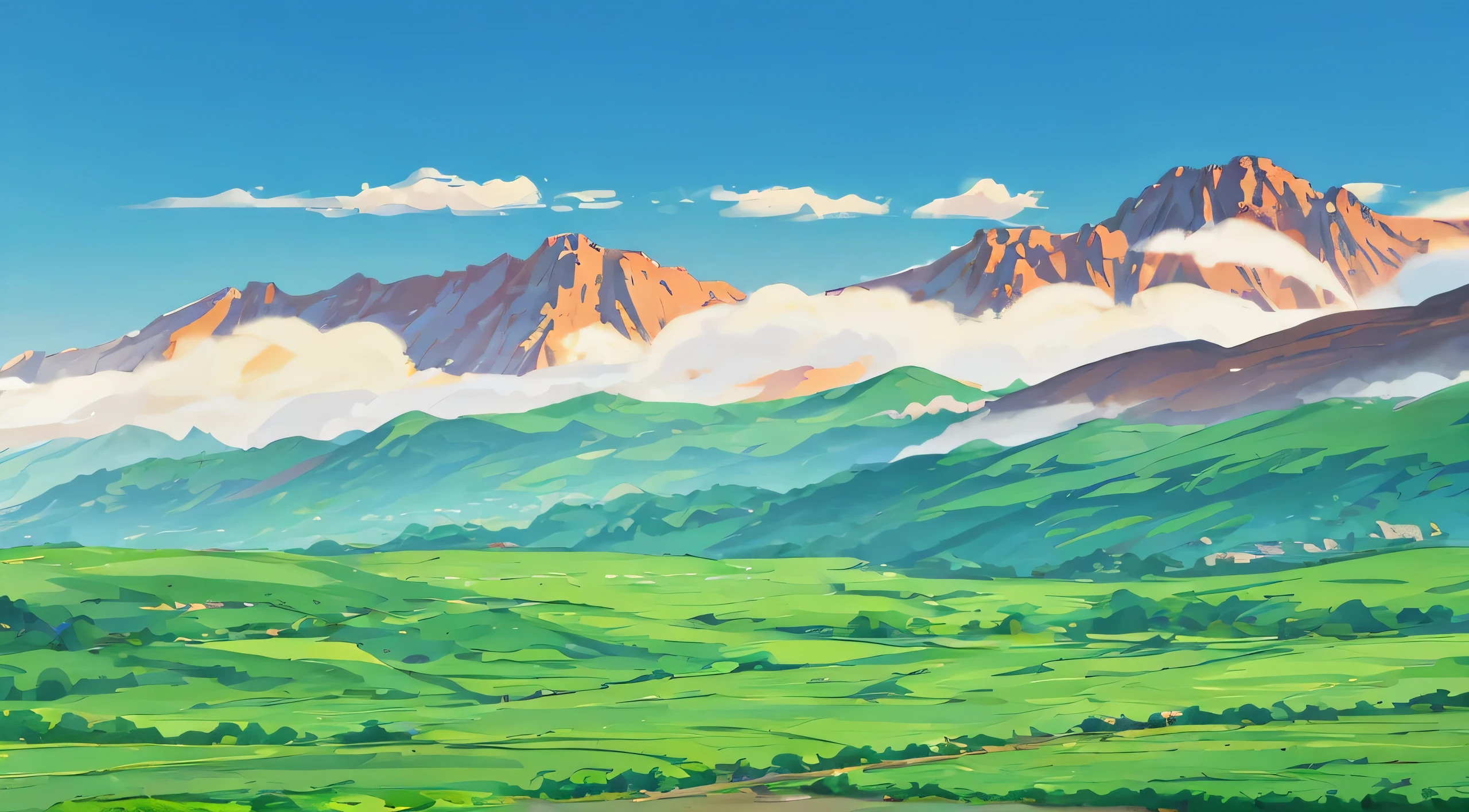 anime scenery of a mountain range with a river and a valley, Anime landscape, anime scenery, studio ghibli scenery, beautiful anime scenery, Animation pastoral scenery, anime nature, anime background, medium shot. Hayao Miyazaki, anime background art, 的Hayao Miyazaki, Anime landscape wallpaper, anime background, Studio Ghibli environment, Hayao Miyazaki的风格