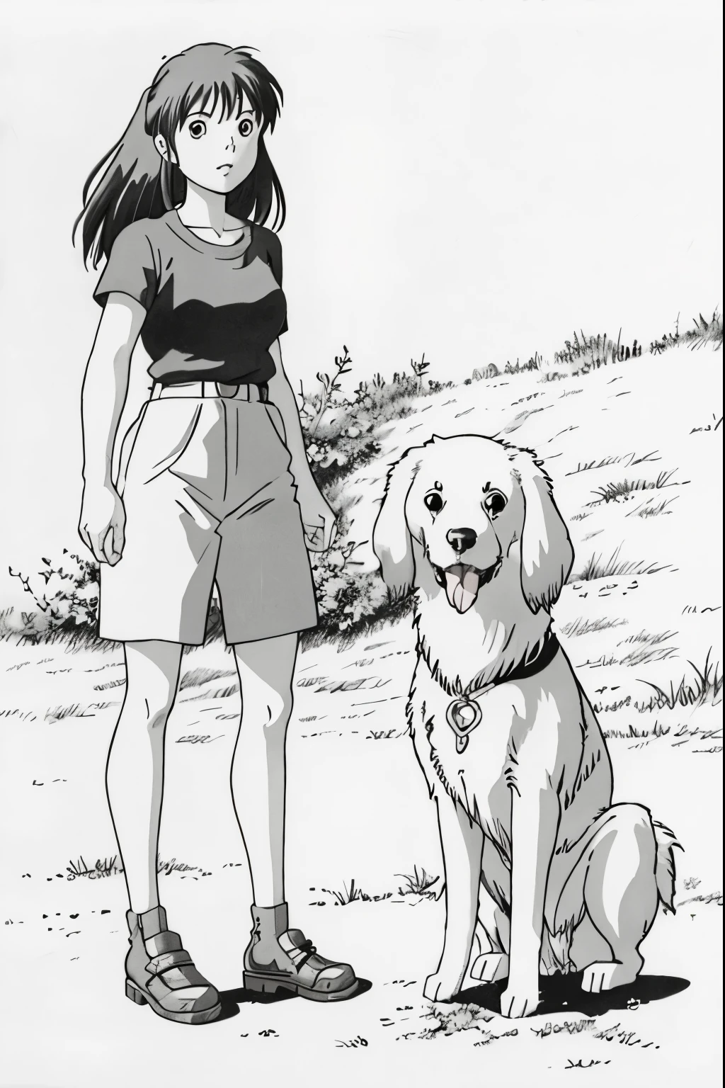 anime drawing of a girl and a dog, in style of manga, inspired by Ike no Taiga, in manga style, detailed manga style, manga illustration, black and white manga style, by Rei Kamoi, inspired by Yumihiko Amano, inspired by Ib Eisner, black and white manga page, inspired in hirohiko araki