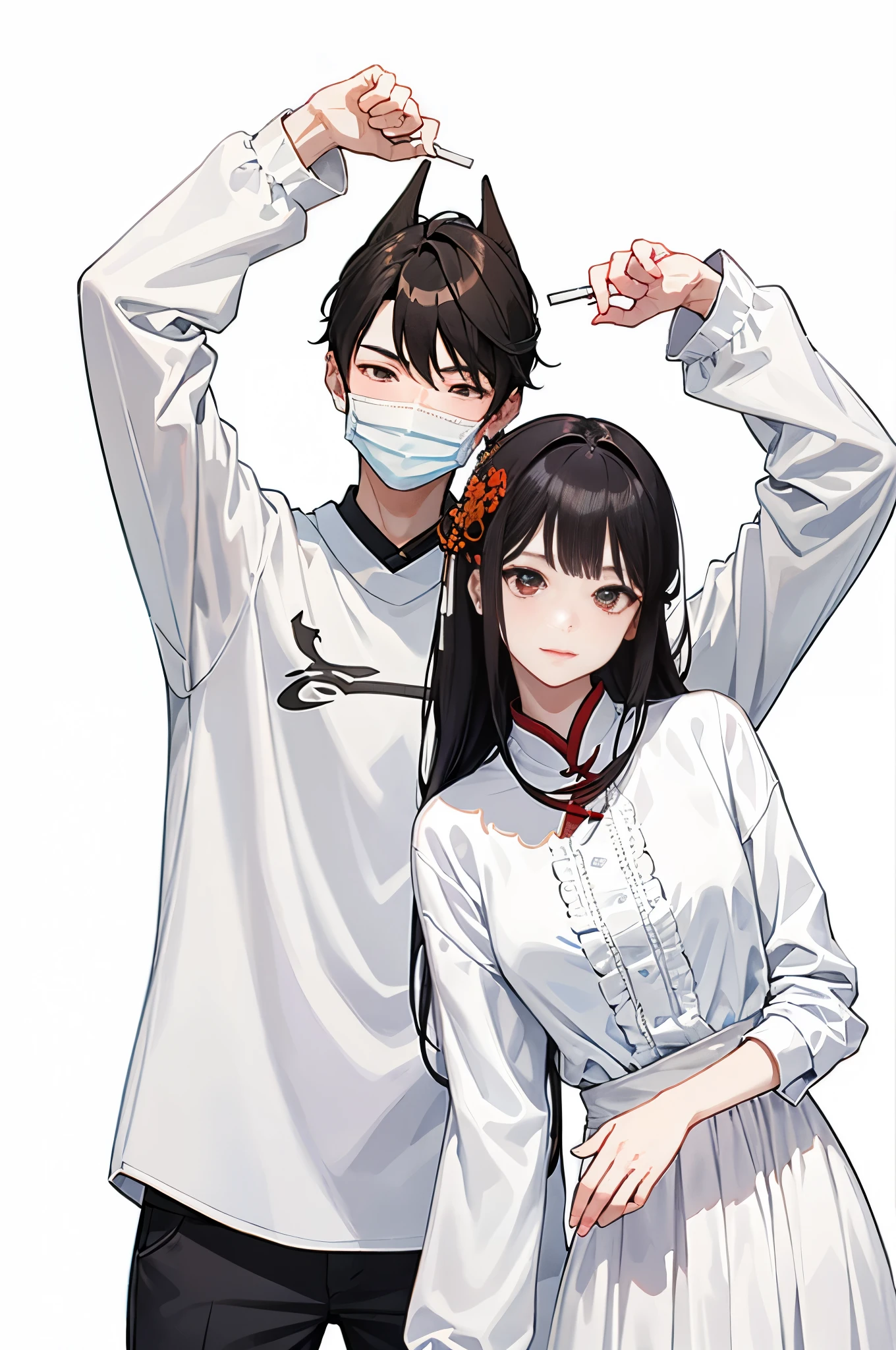 They took a photo together wearing masks, Urzan, ruan jia and fenghua zhong, White background!!!!!!!!!!, couple pose, 2 people, 8k--height 768, LV, su fu, Tuber, cute couple, Weibo