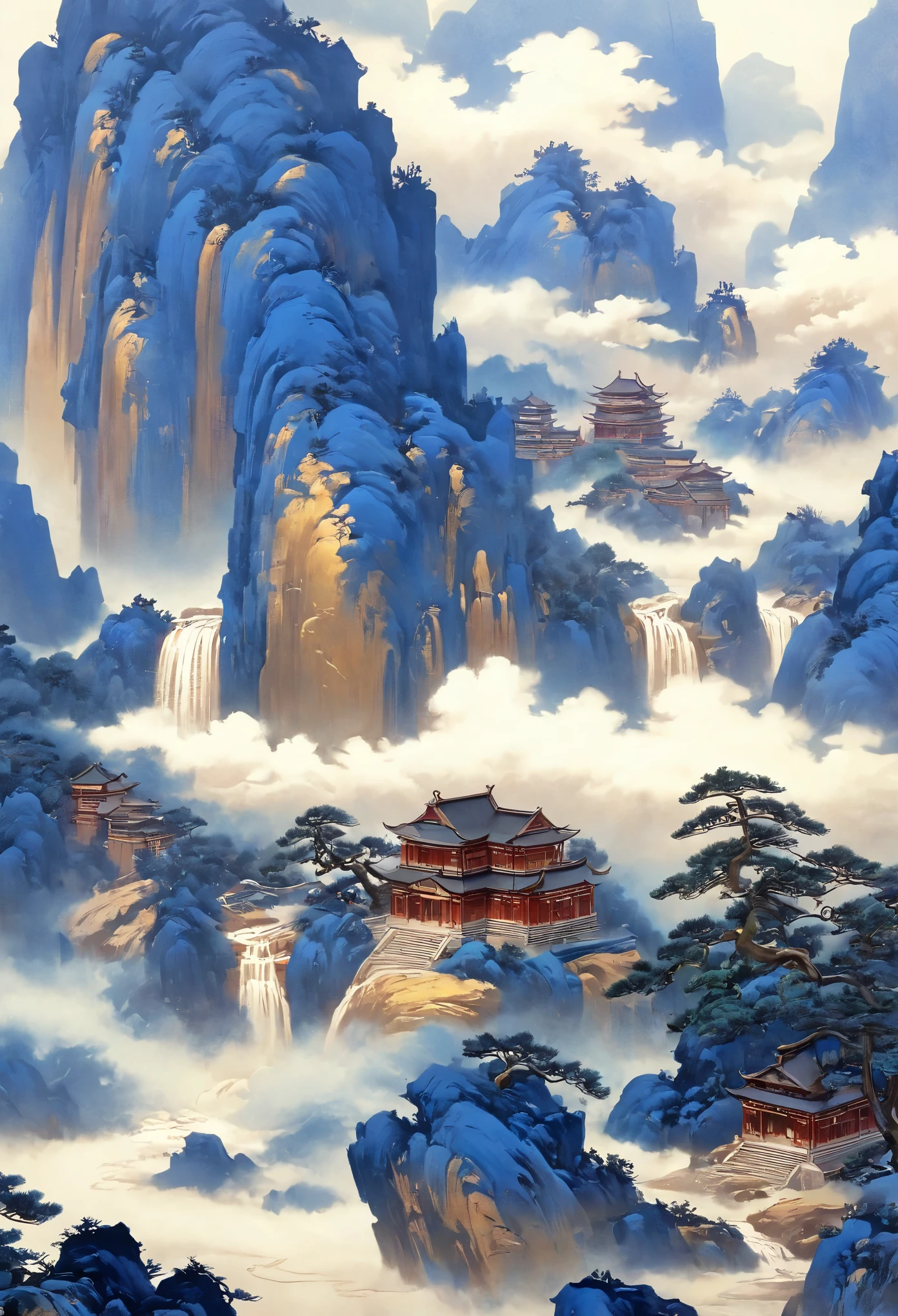 A majestic landscape painting，meticulous painting，Inspired by a thousand miles of rivers and mountains，Fuchun Mountain House Map，Expression techniques of cirrus clouds，flat illustration，traditional Chinese painting，Chinese landscape painting，Ancient Chinese buildings，cloud，vertical waterfall on cliff，Vigorous pine trees，fall，Takayama，black：137，mineral pigments，Ultramarine blue，Tracing gold，Clear outline，sketched，Dry drawing method