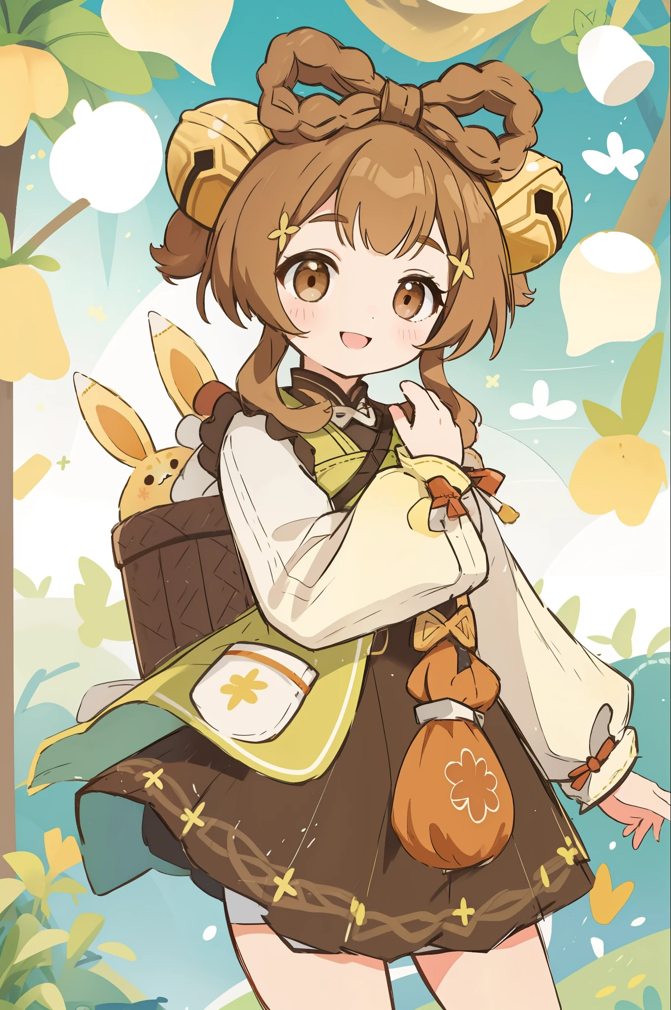 1  shibi, solo, brown hair, round bells hair accessories, brown eyes, green top, brown skirt, big happy smile,