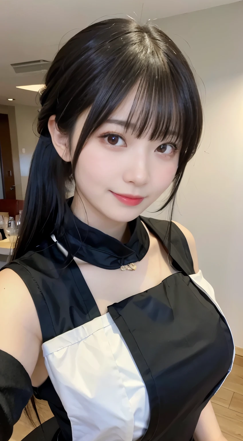 (highest quality,masterpiece:1.3,ultra high resolution,),(Super detailed,caustics),(Photoreal:1.4,RAW shooting,)ultra-realistic capture,very detailed,High resolution 16K human skin close-up。 natural skin texture、,The pores are、、、、Must be detailed enough to be easily identified。 Skin should look even-toned and healthy。 Use natural light and color,restaurant,waitress uniform,1 girl,Japanese,18-year-old,cute,black haired,ponytail,big breasts,smile,turn your body forward,(Front view:1.1),look at the camera,cowboy shot,