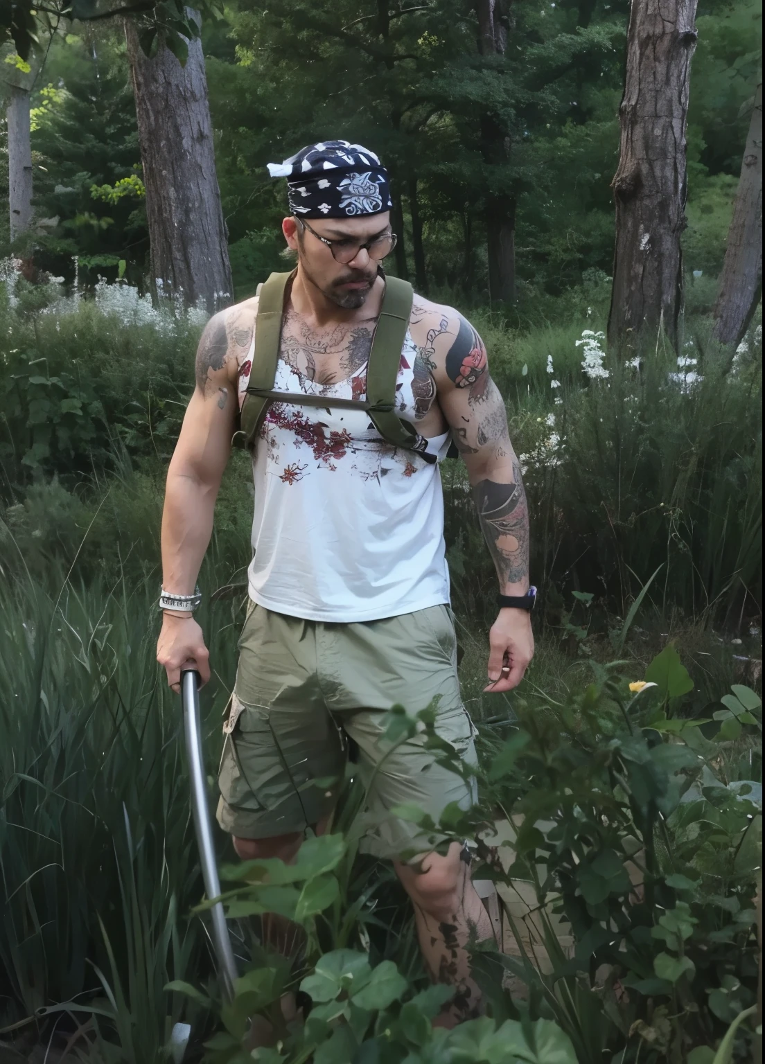 (masterpiece, 4K, ultra detailed), Jason Voorhees, single, masculine, lake, cartoony, realistic, single Jason's white mask, shirtless, muscular, lean, eight-pack, black speedos