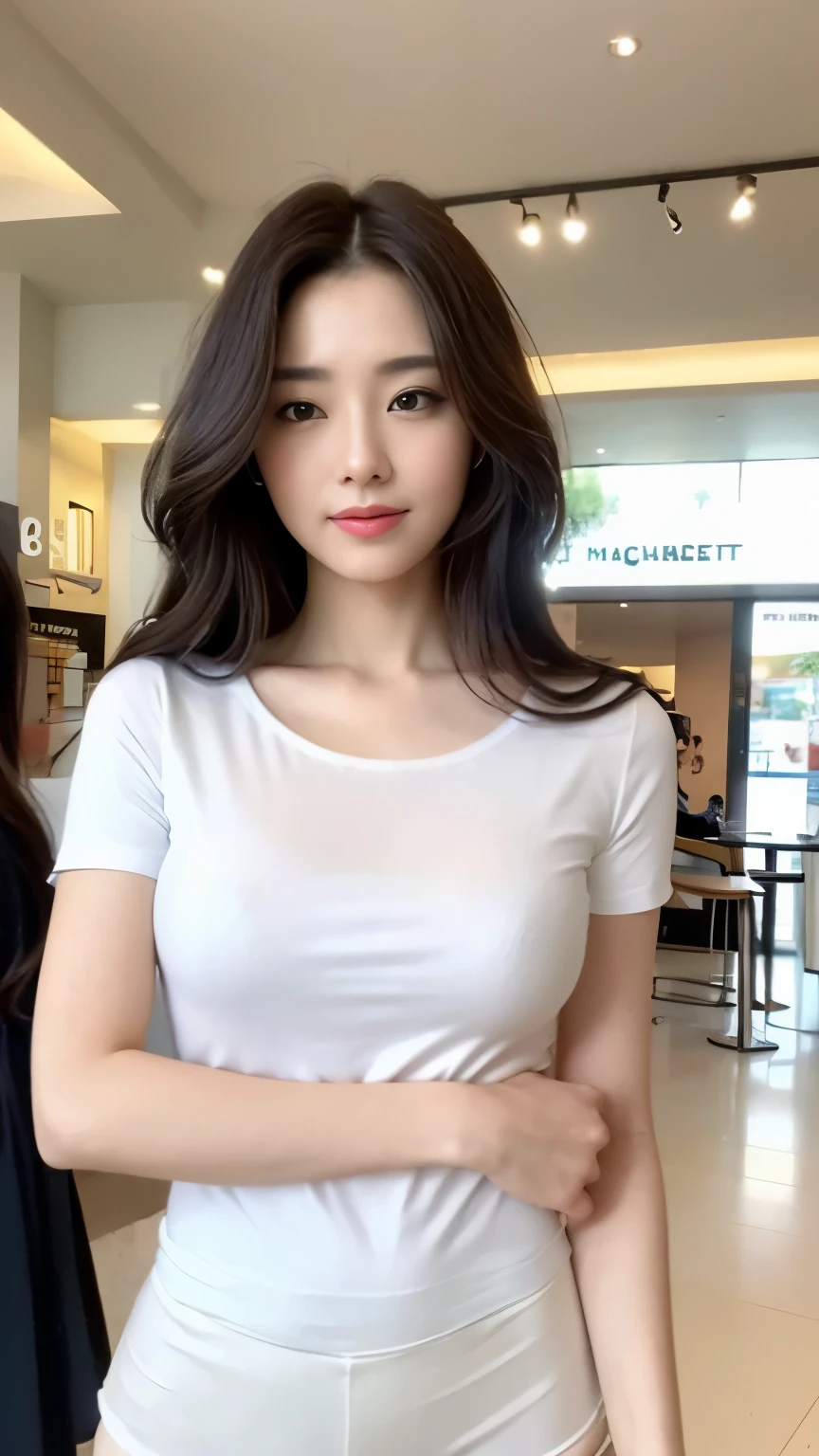 ((top-quality、8k、masterpiece:1.3))、Beautiful woman with perfect body:1.4、slim abdomen:1.2、Longhair, normal breast, Highly detailed facial and skin texture, A detailed eye, delicate eyes, double eyelid, (smile), (full body shot), ((shopping mall), (standing), ((wearing white t-shirt with short pant)), looking in front