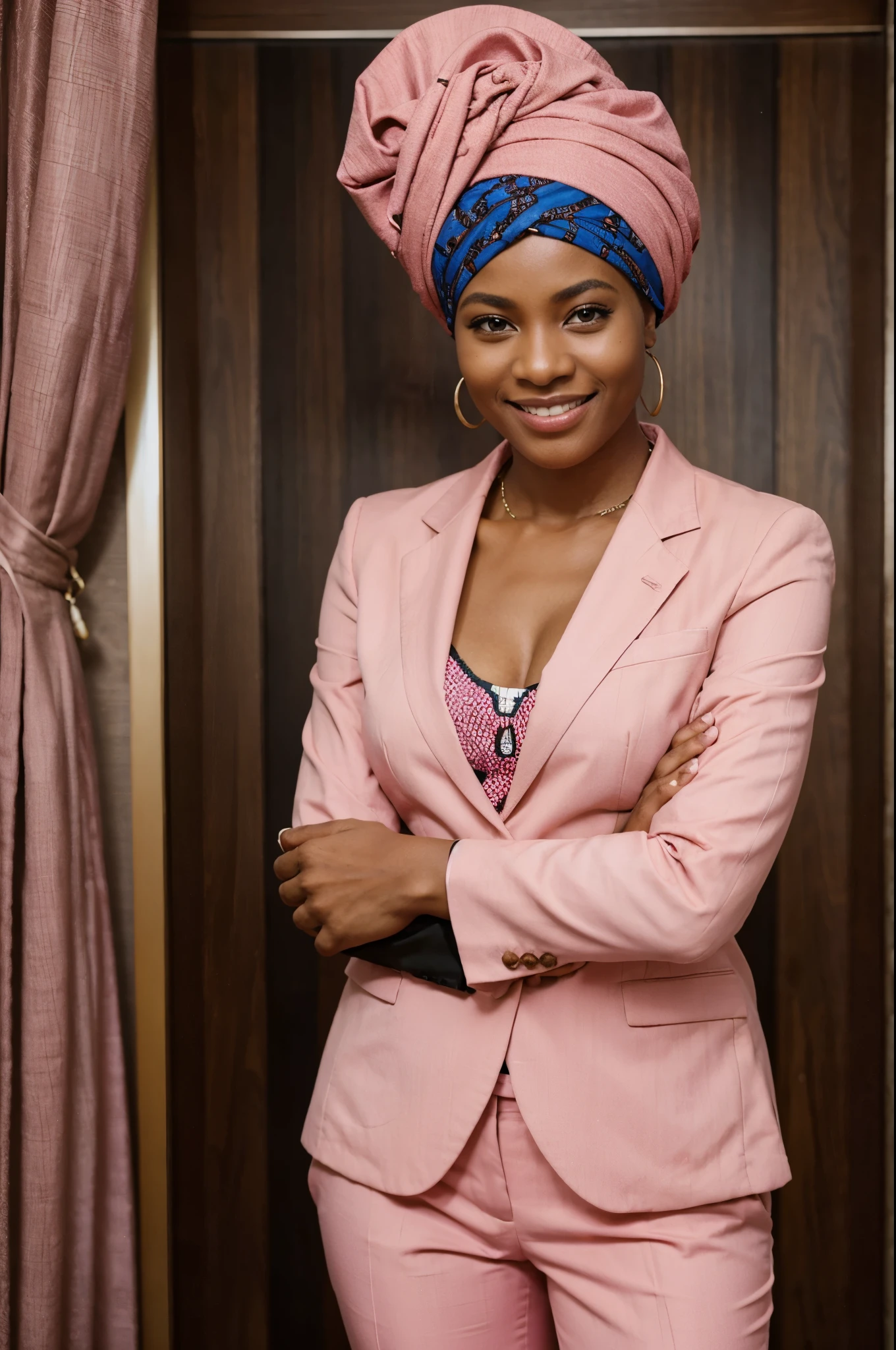 African woman, in formal pink suit and African capulana turban, smiling and crossing her arms