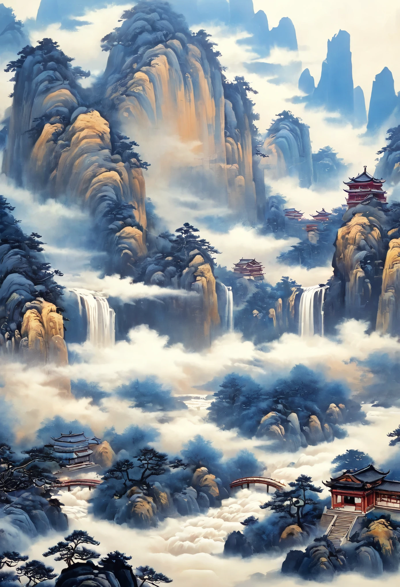 A majestic landscape painting，meticulous painting，Inspired by a thousand miles of rivers and mountains，Fuchun Mountain House Map，Expression techniques of cirrus clouds，flat illustration，traditional Chinese painting，Chinese landscape painting，ancient chinese architecture，cloud，vertical waterfall on cliff，Vigorous pine trees，fall，Takayama，ink，black：1.37，mineral pigments，Ultramarine blue，Tracing gold，Clear outline，sketched，Dry drawing method