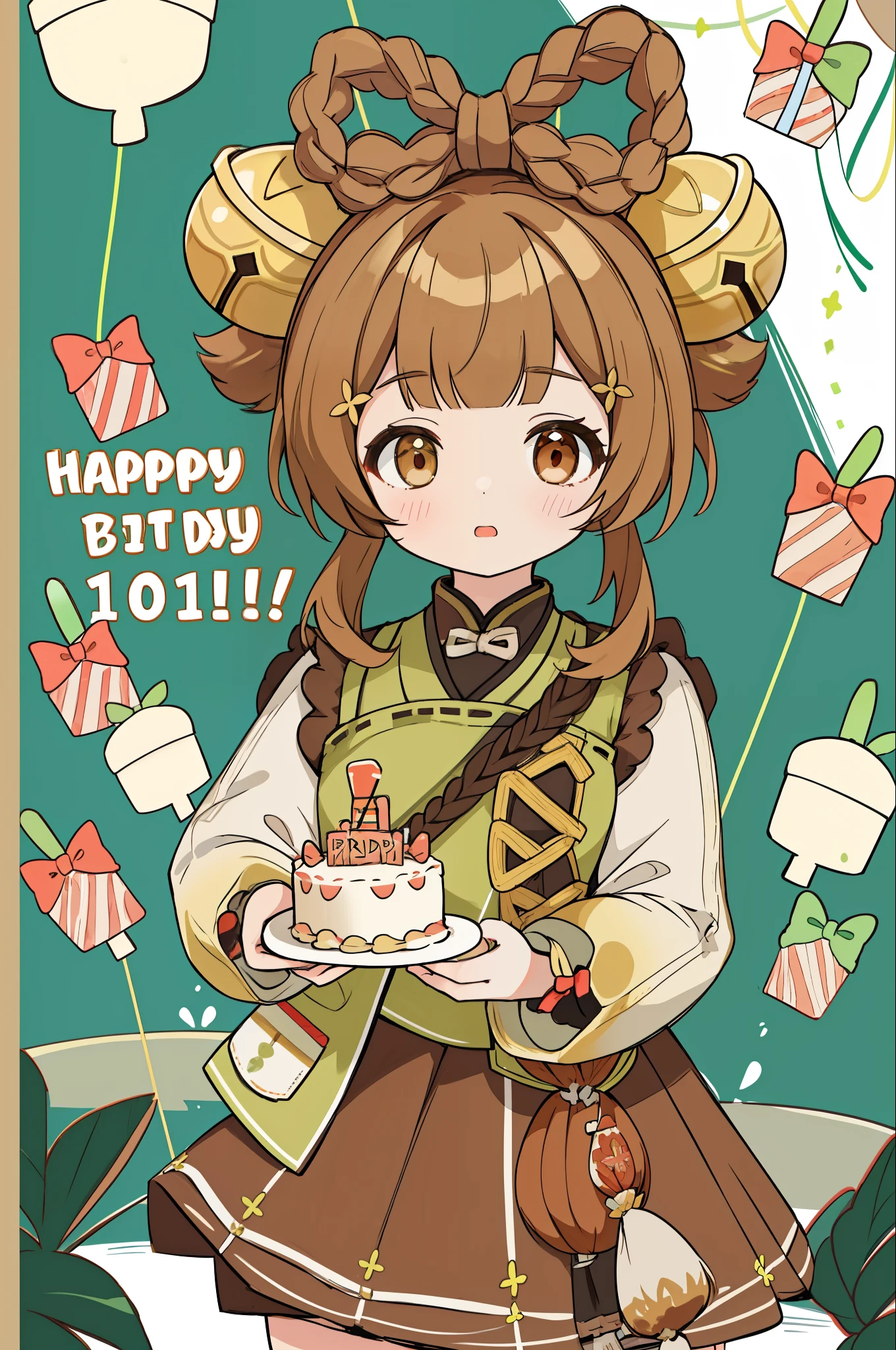 1  shibi, solo, brown hair, round bells hair accessories, brown eyes, green top, brown skirt, ((holding a big birthday cake in her hands))