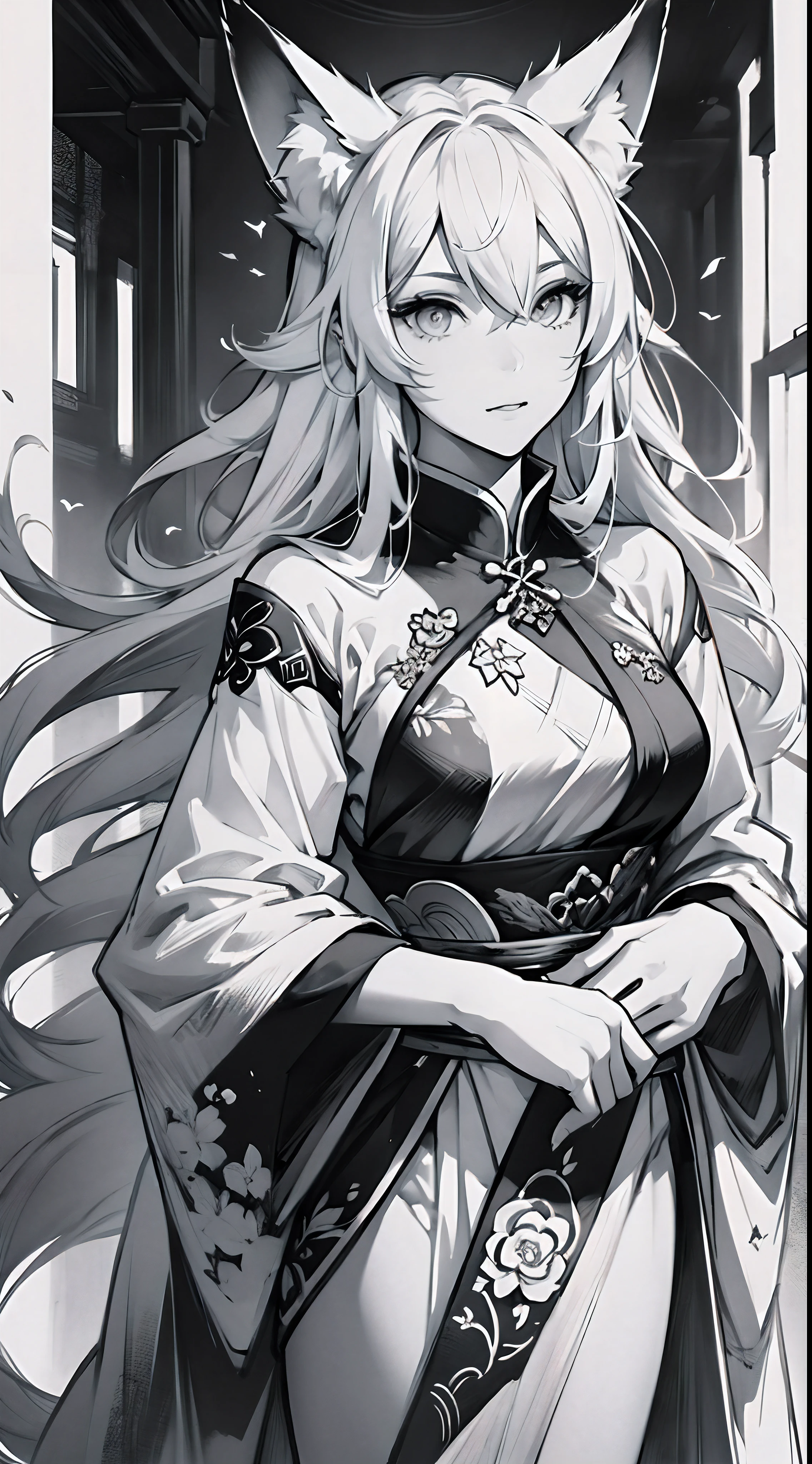 Sketch reinforcement，pencil drawing，Intensify pencil strokes，Fox-eared maiden，Pavilions，Fairy air fluttering，Chinese ancient style，Wide robe，Black and white picture，Black and white art，Black and white illustration，super-fine，Hair is carefully described，The eyes are carefully depicted，best qualtiy，8k resolution
