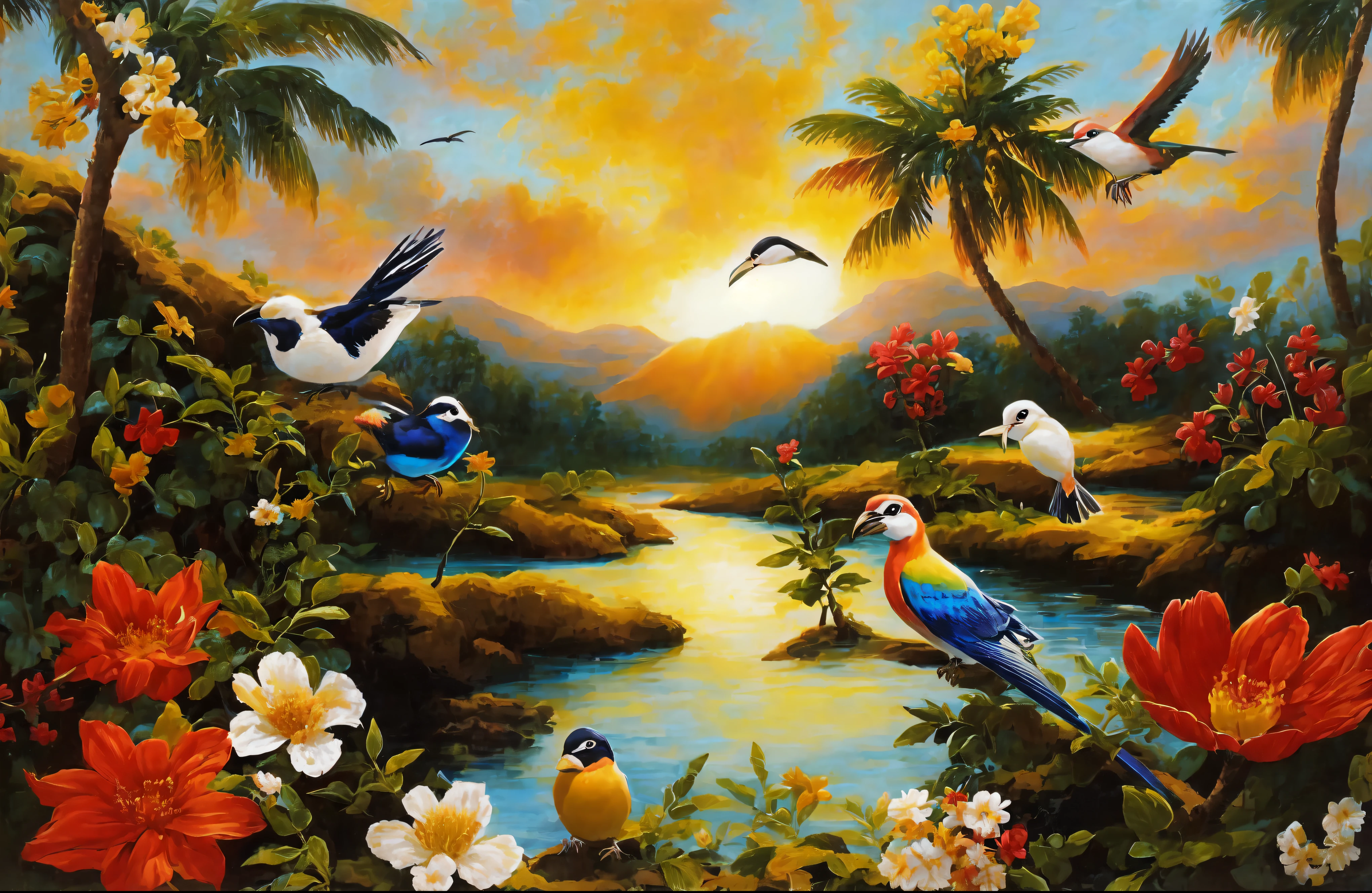 Tropical flower and bird painting, nature, Colorful landscape painting, floral sunset, Landscape art details, tropical paradise, Painting landscape, Full color、Rich in details, Detailed 4K, colorful sunset, 美丽的大nature, 令人惊叹的nature背景, Tropical landscape, landscape artwork, Beautiful art ultra hd 4k, majestic painting, beautiful painting