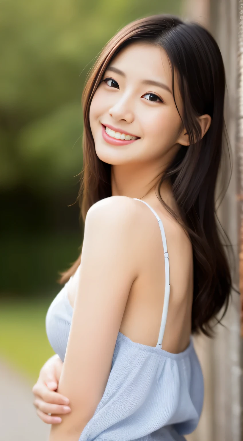 Japanese ),((beautiful girl)),cleavage,An expression that imagines something pleasant:1.2,(perfect body beauty:1.2),((perfect body)),(shy smile),beautiful teeth,