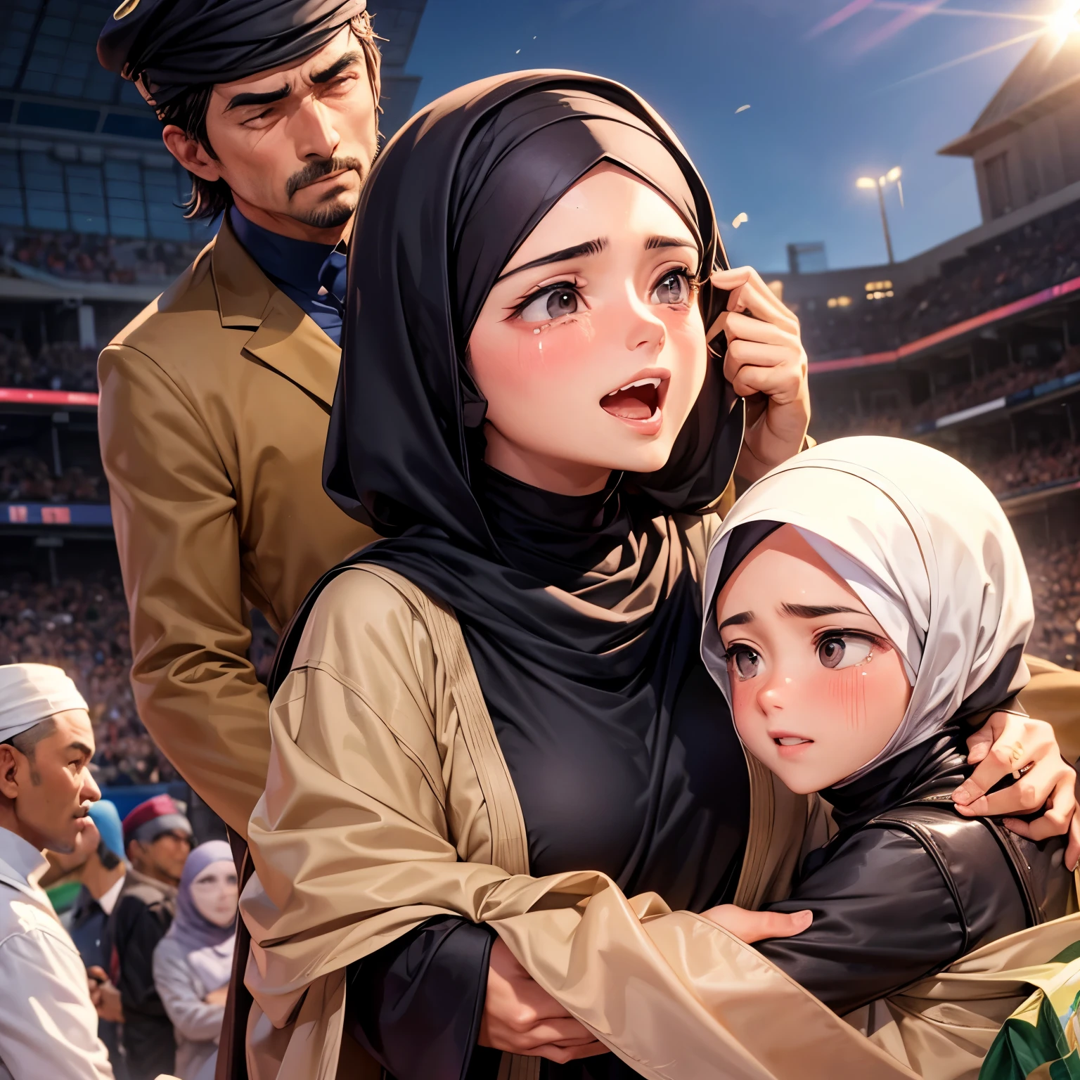 A man hug cry muslim girl at the back 3D