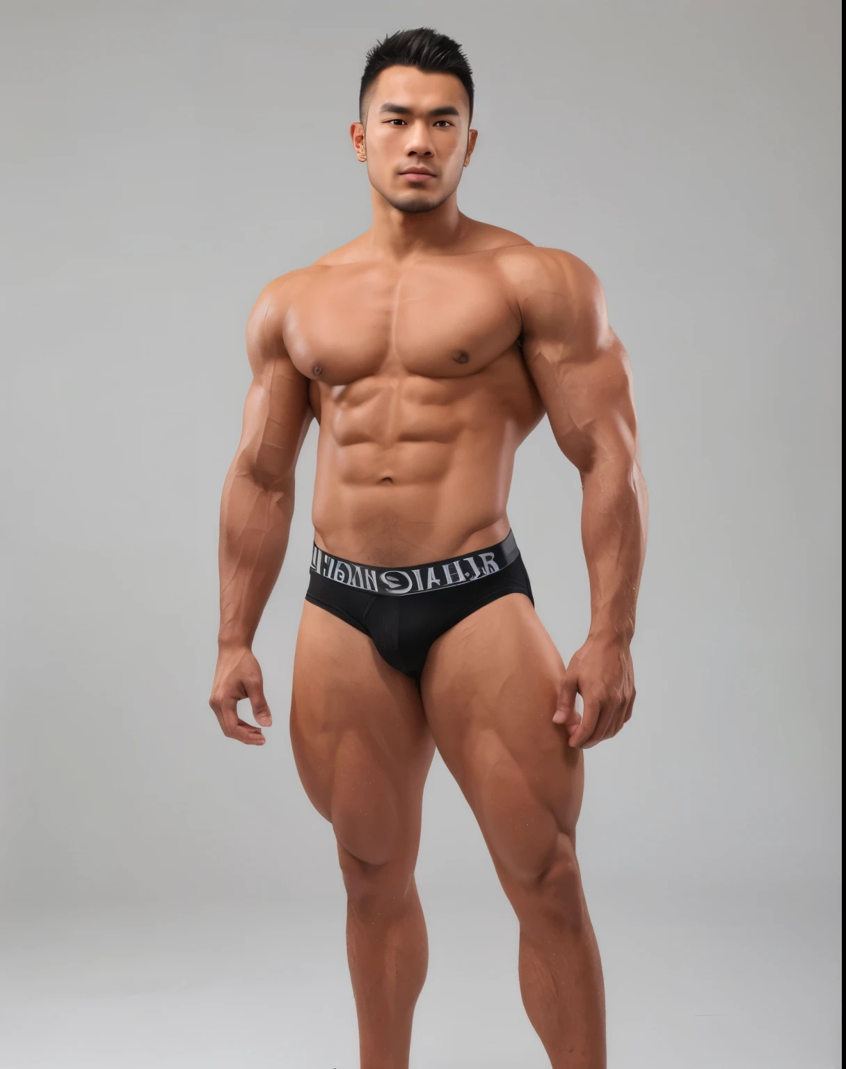 Hairy Asian model man, hyper muscular,