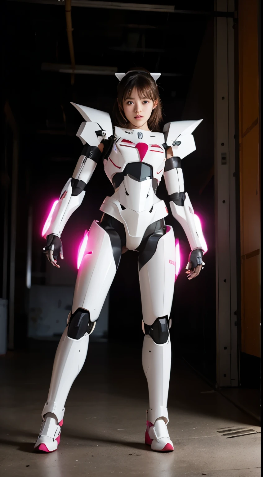 mecha girl, pink and white, Cool lighting, full body